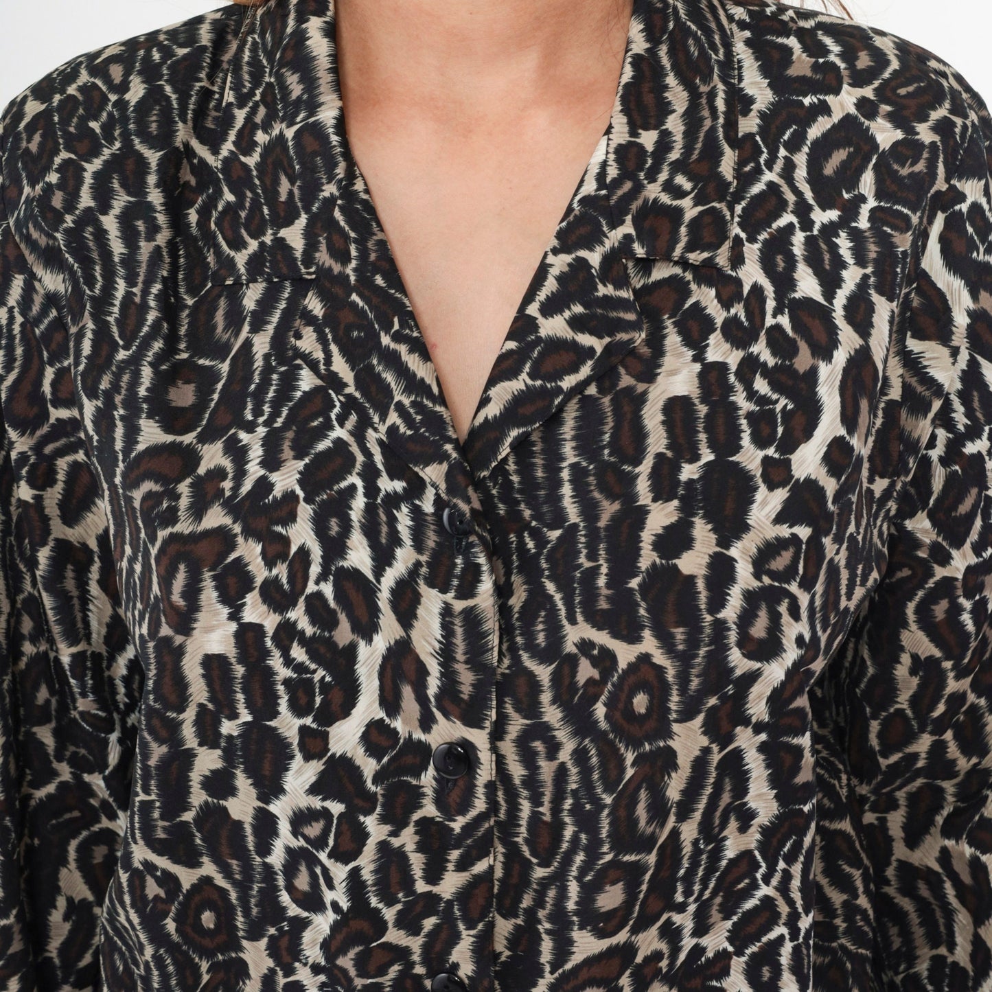 80s Leopard Print Button-Up Blouse Long Sleeve Collared Top Large