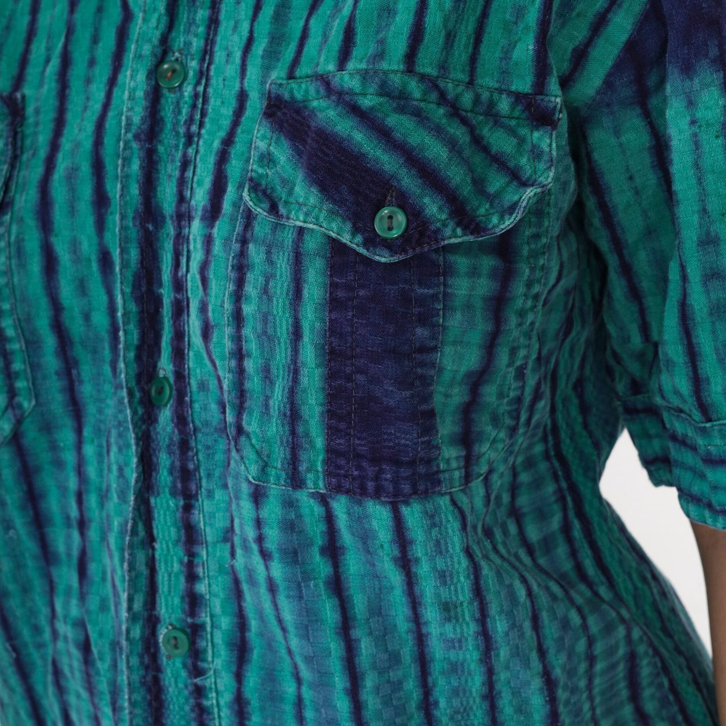 90s Ikat Striped Button-Up Shirt Green Indigo Oxford Short Sleeve Small