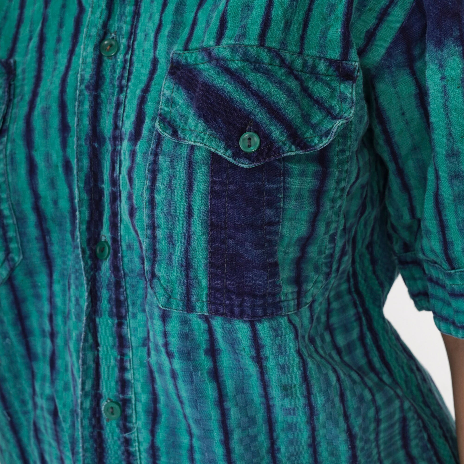 90s Ikat Striped Button-Up Shirt Green Indigo Oxford Short Sleeve Small