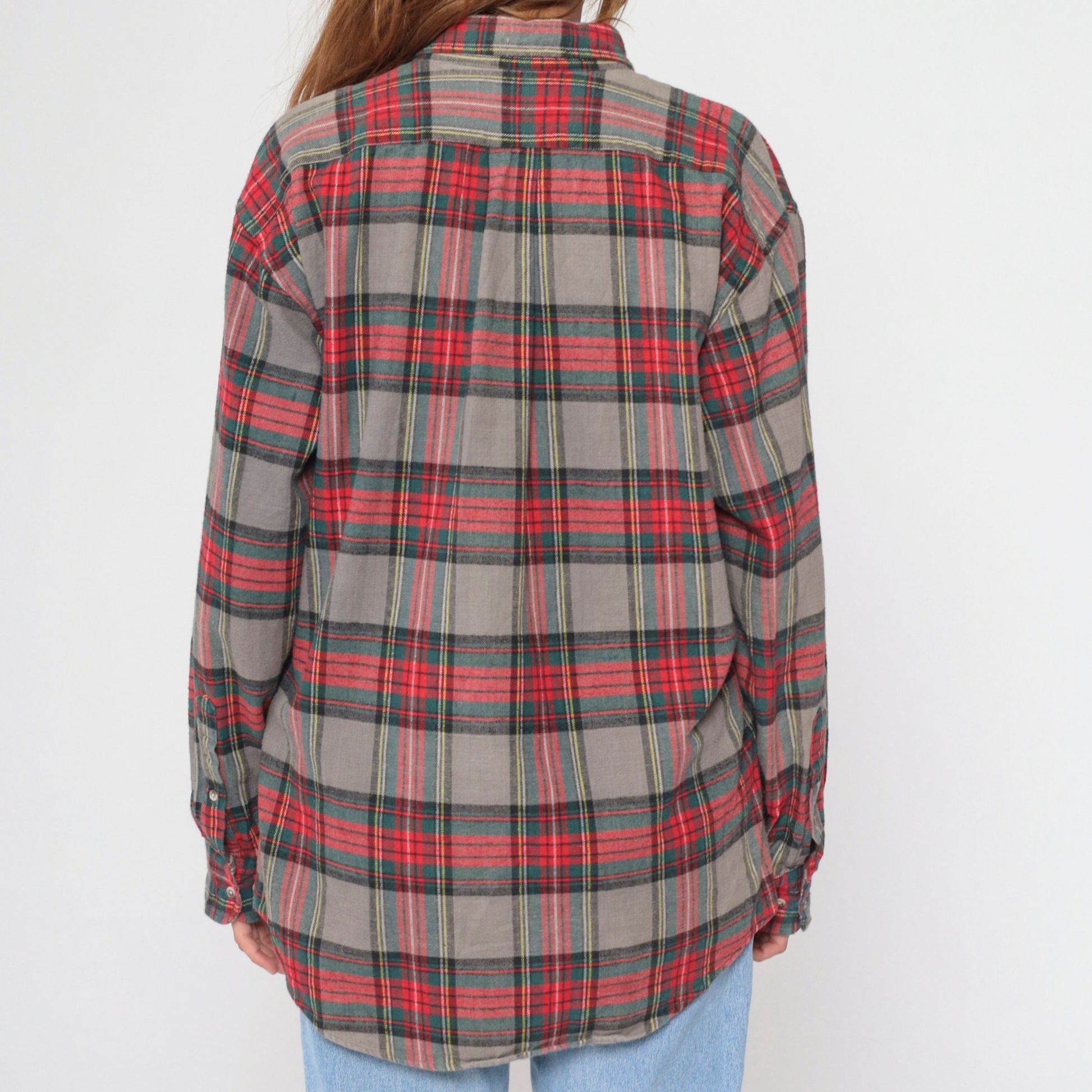 90s Lands End Plaid Flannel Shirt Grey Red Green Button Up Medium