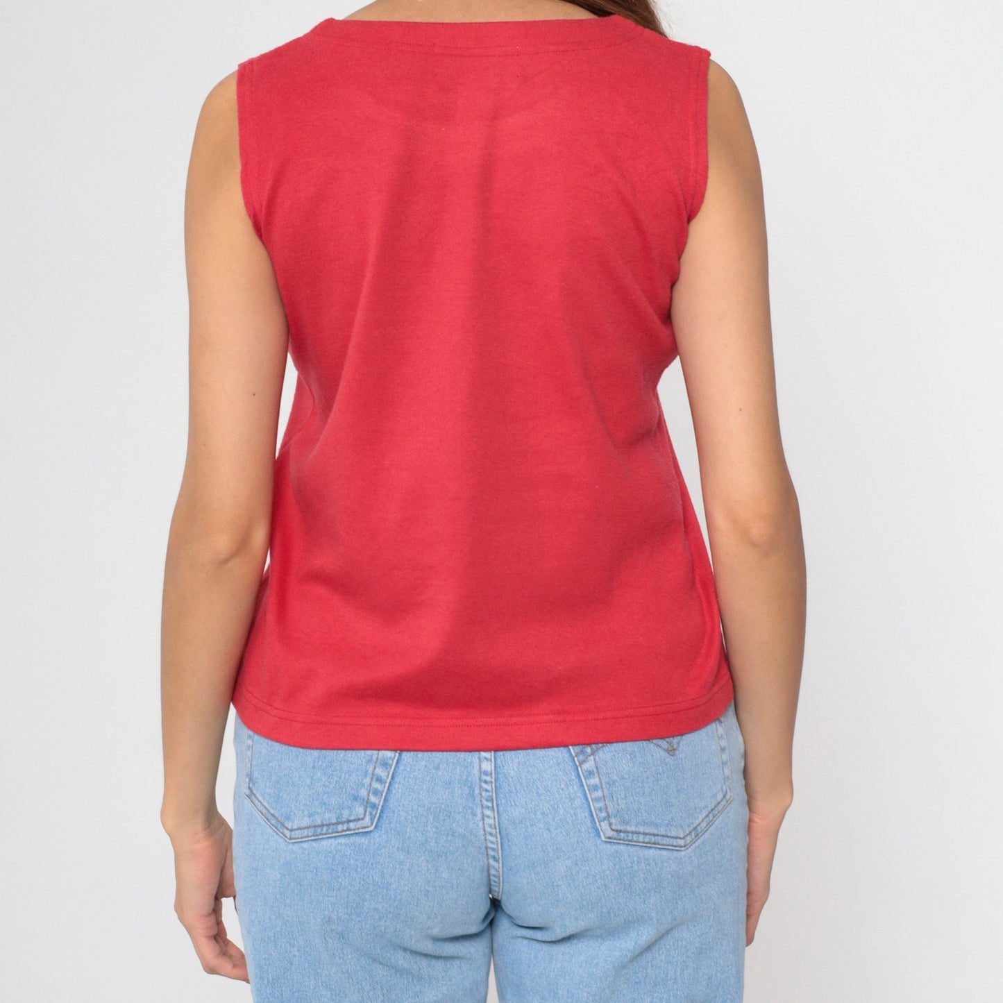 90s Red Rhinestone Tank Top Round Neck Embellished Sleeveless Small Petite