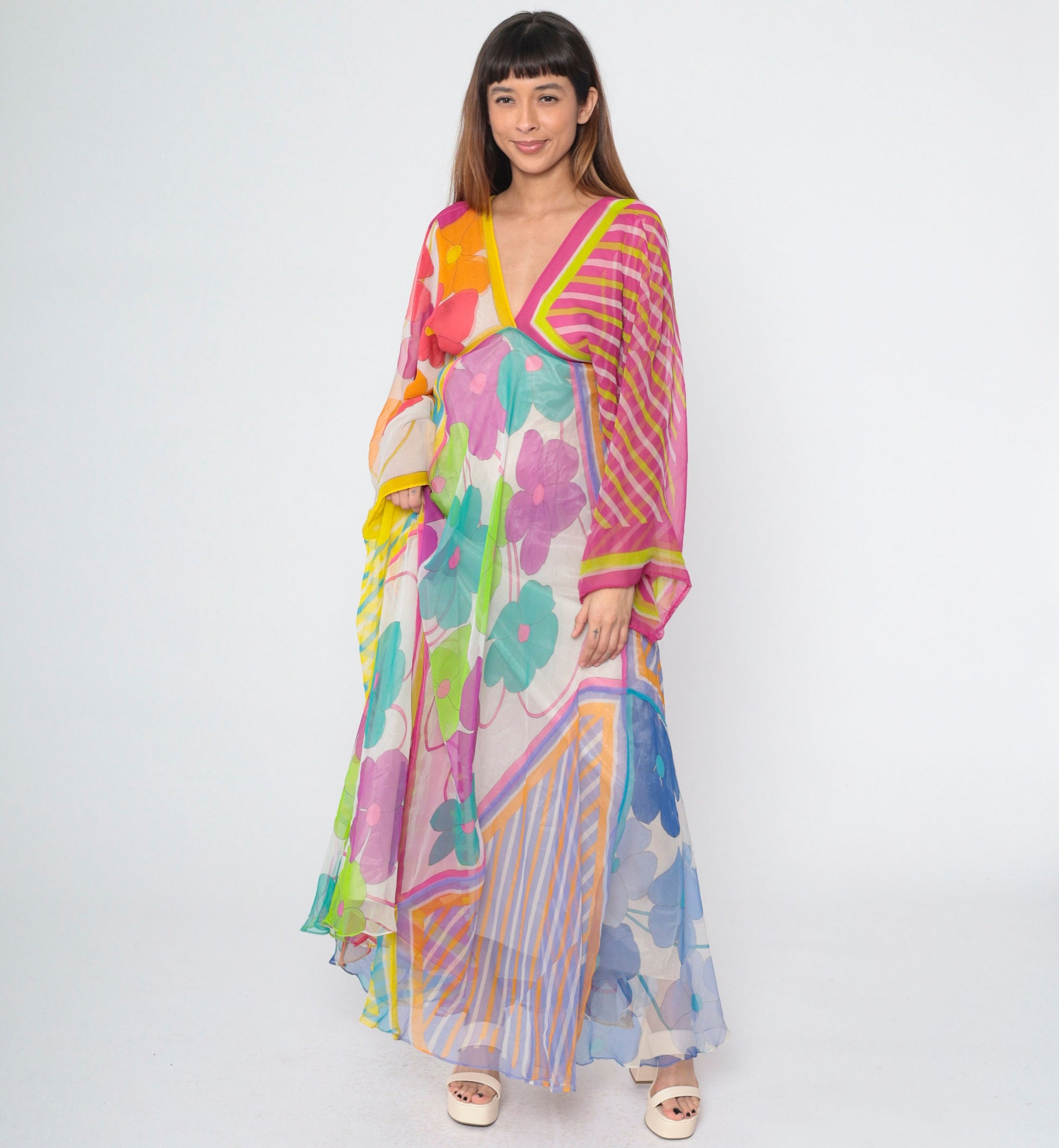70s La Vetta Beverly Hills Floral Maxi Dress Deep V Empire Waist Kimono Sleeve Small
