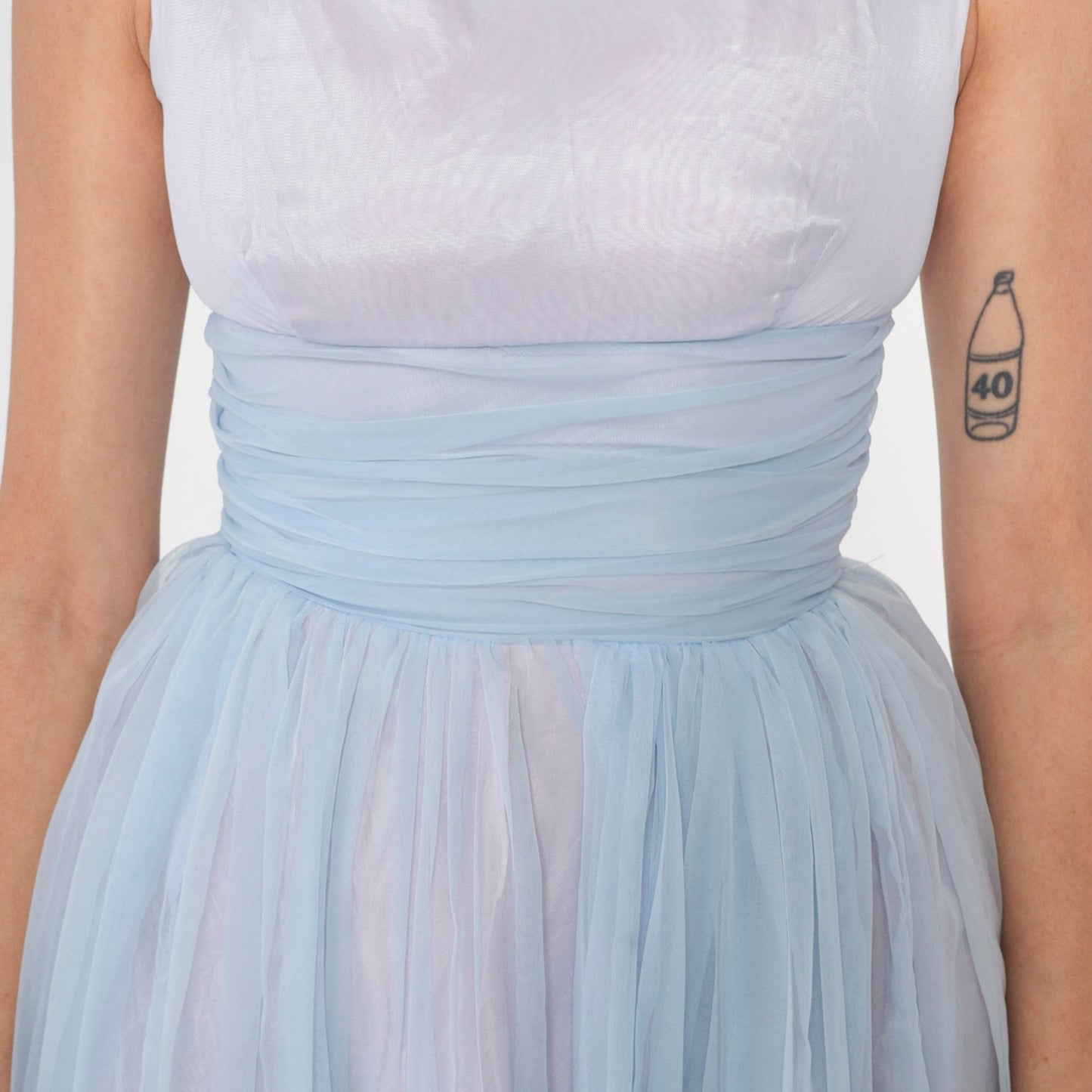 1960s Light Blue Chiffon Empire Waist Dress Knee Length Sleeveless XS