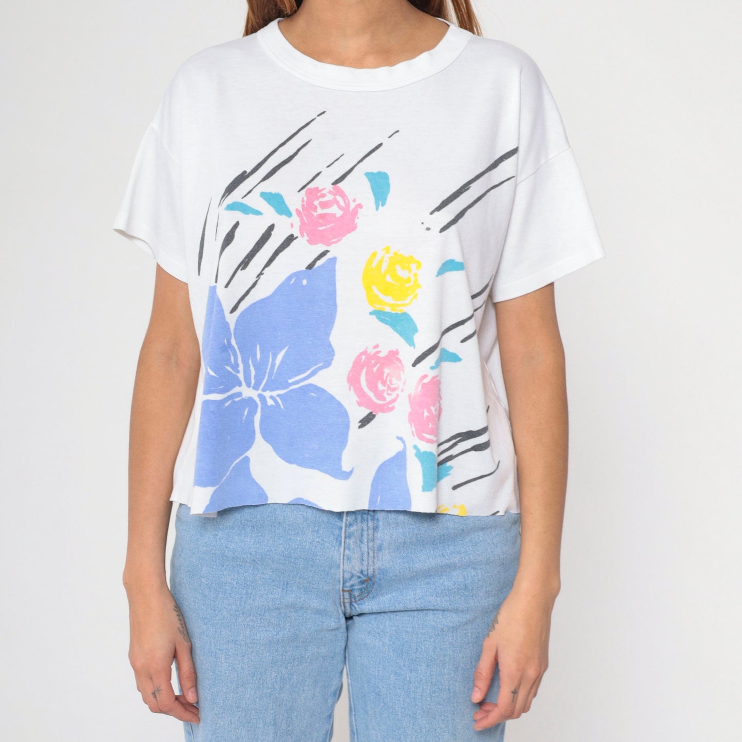 90s Floral Graphic T-Shirt White Rose Print Cutoff Tee Large L