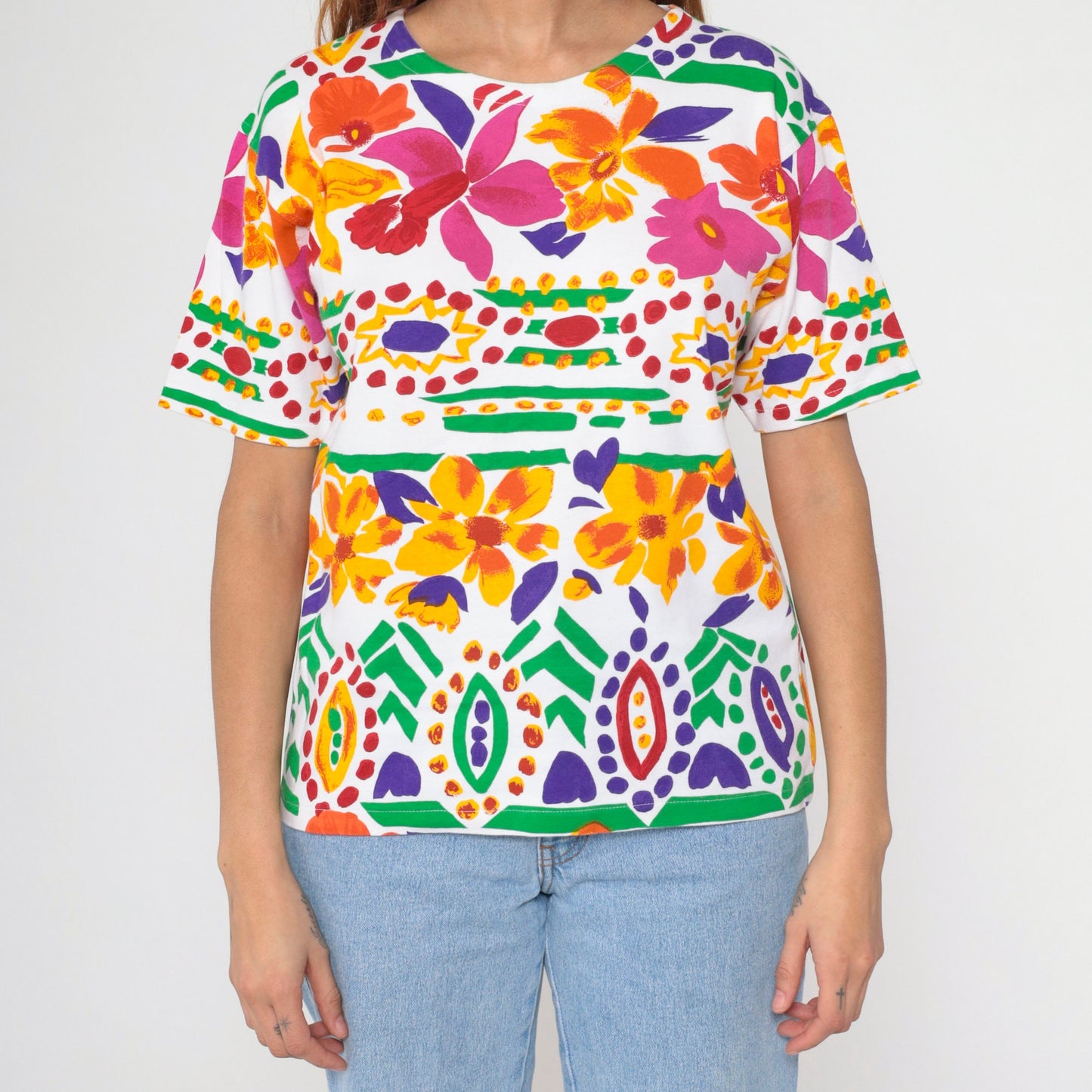 90s Tropical Floral Striped T-Shirt White Pink Orange Botanical Print Large L
