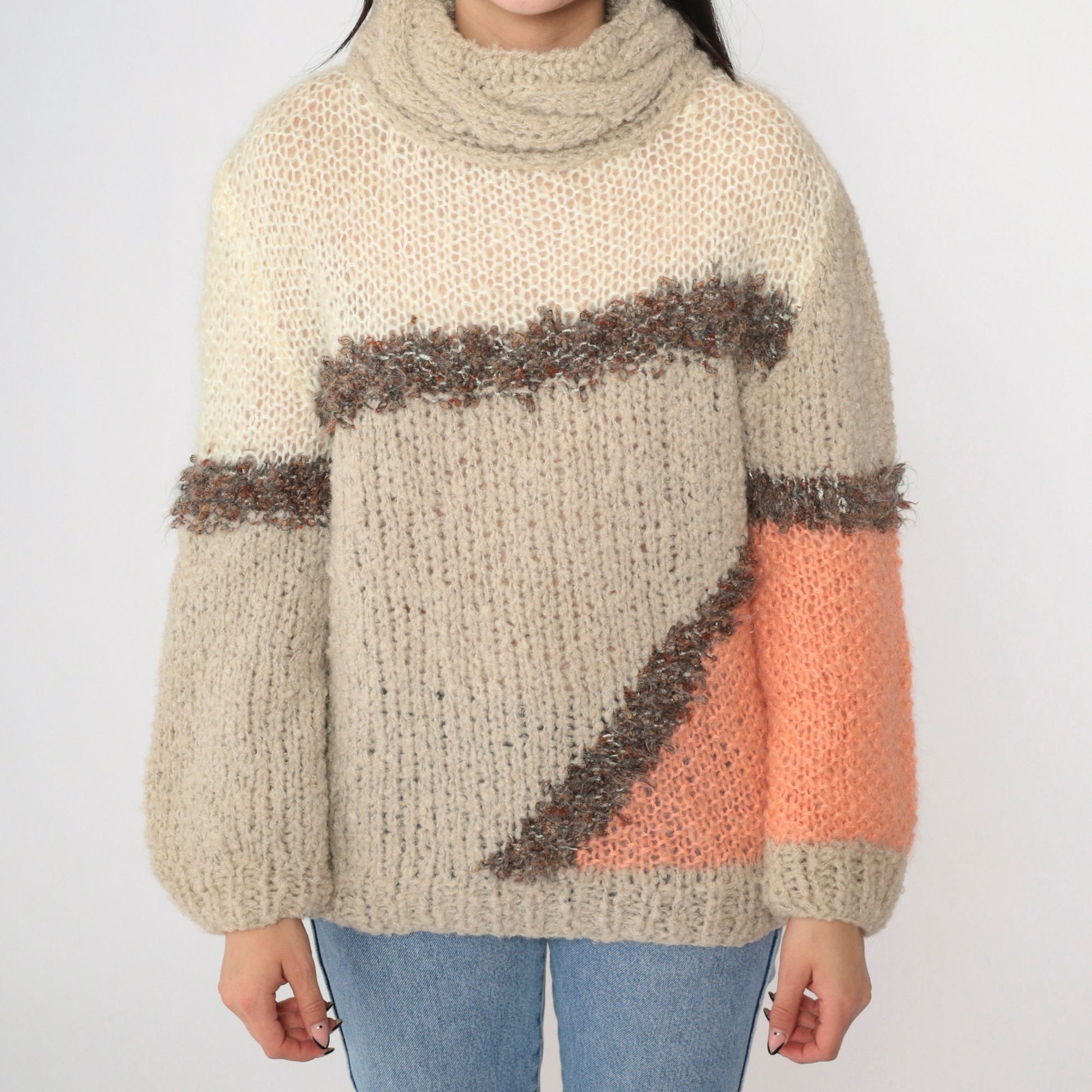 80s Color Block Turtleneck Sweater Beige Openwork Knit Geometric Pullover Small