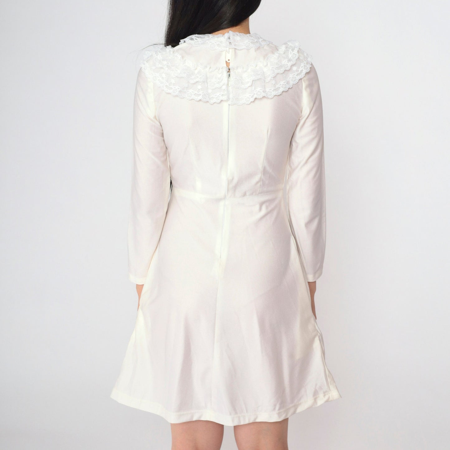 70s White Lace Dress Ruffled Collar Long Sleeve High Waist Mini Extra Small