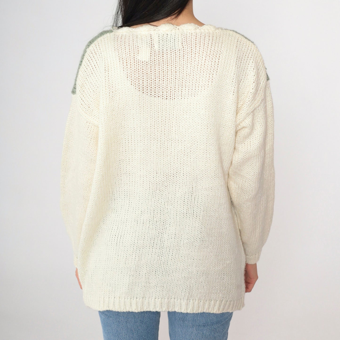 90s Casual Corner Hand-Knit Floral Sweater Cream Green Pink Large