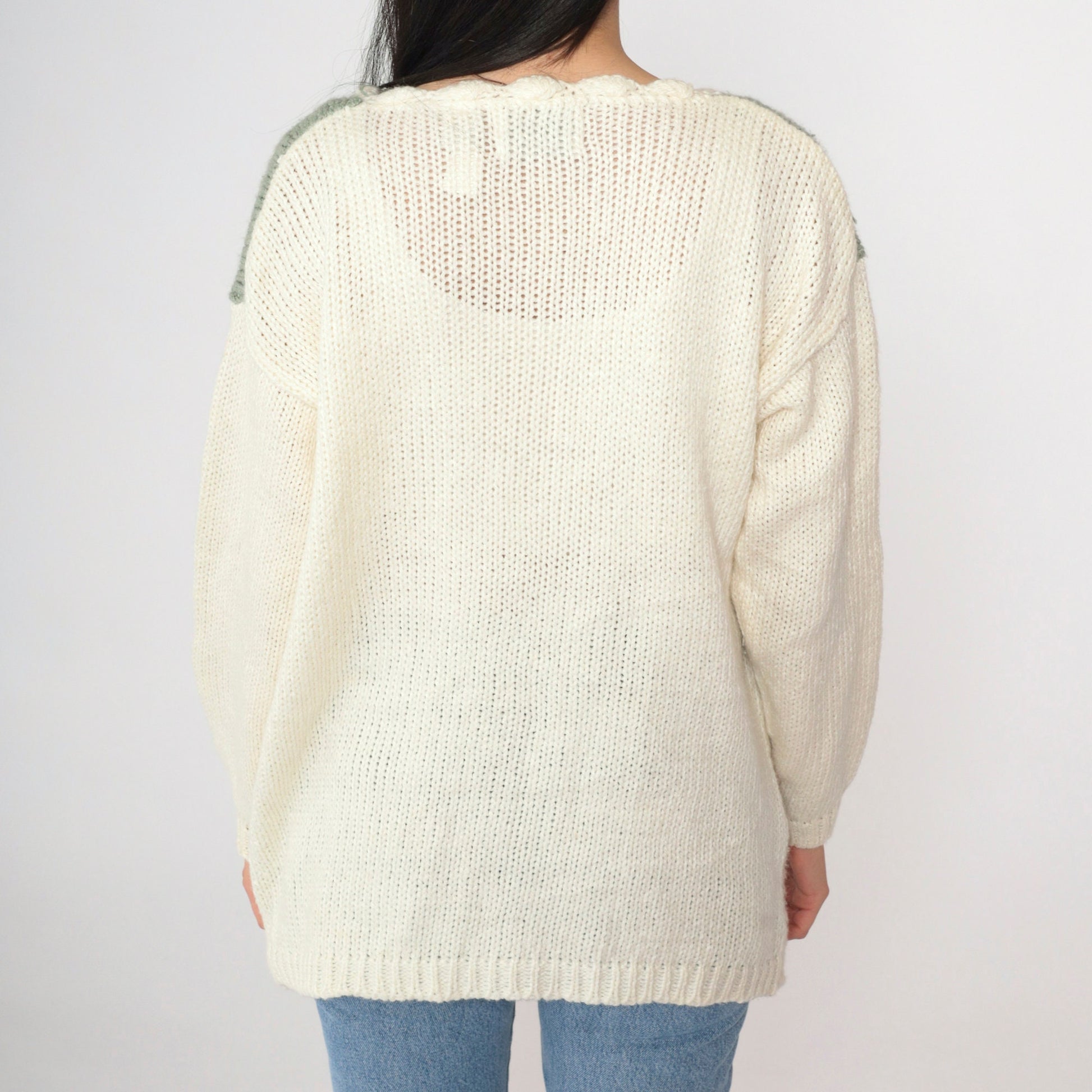 90s Casual Corner Hand-Knit Floral Sweater Cream Green Pink Large
