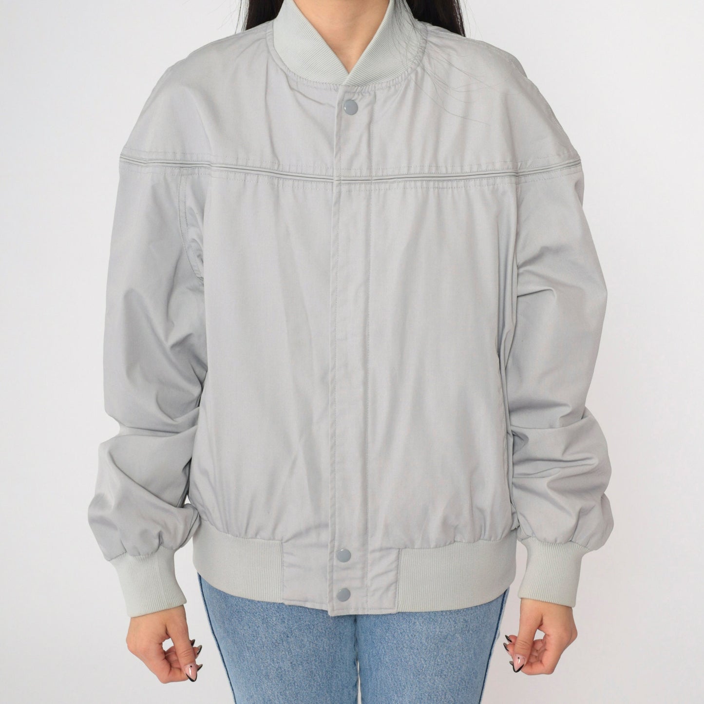 80s Grey Bomber Jacket Cafe Racer Windbreaker Vintage Moto Large