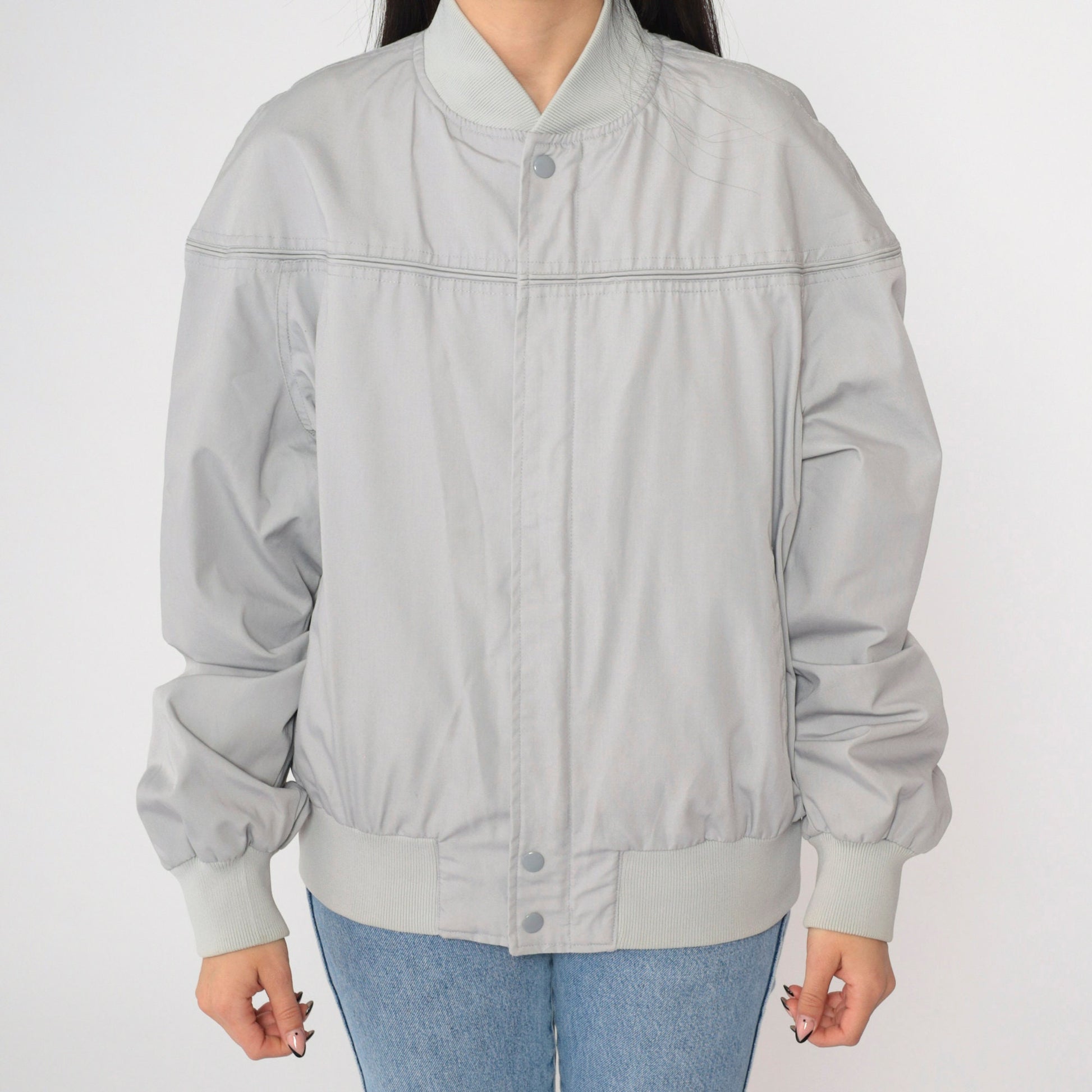 80s Grey Bomber Jacket Cafe Racer Windbreaker Vintage Moto Large