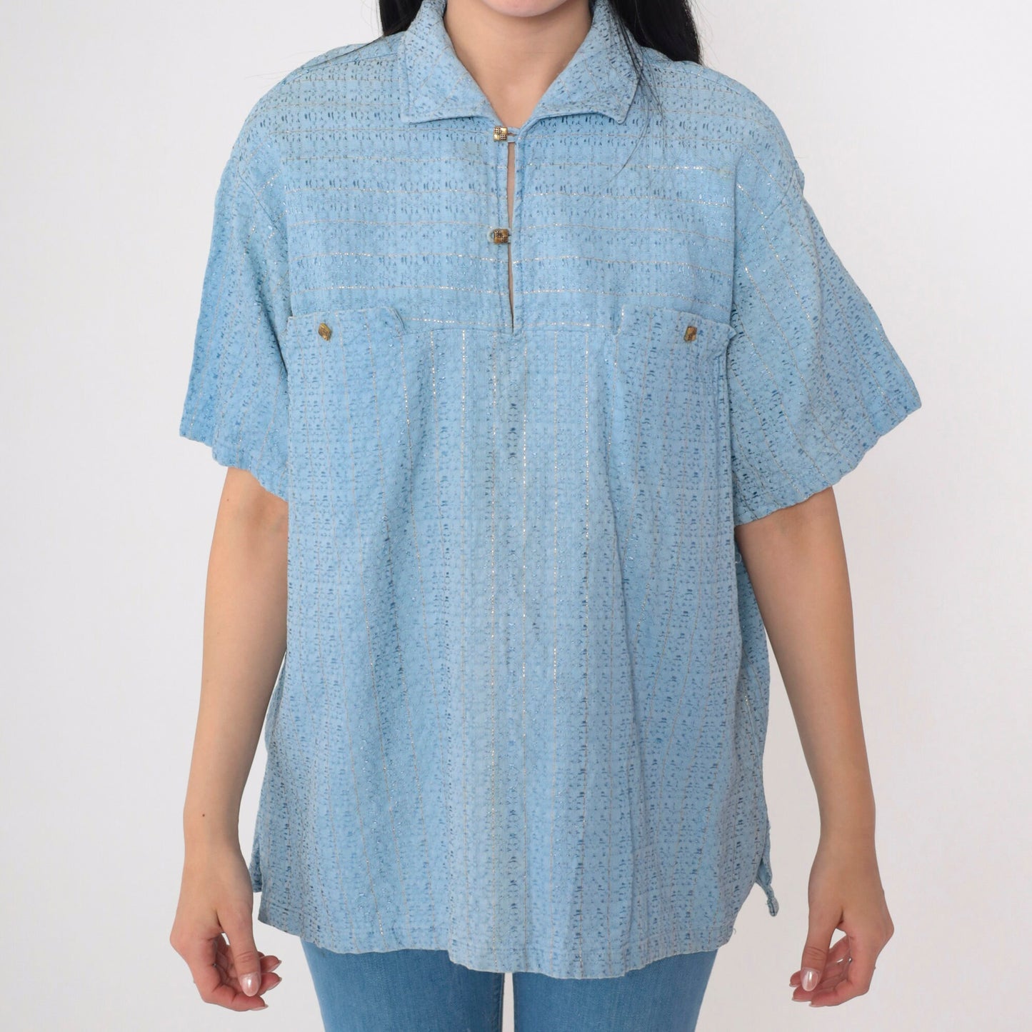 70s Baby Blue Metallic Polo Shirt Short Sleeve Collared Top Large L