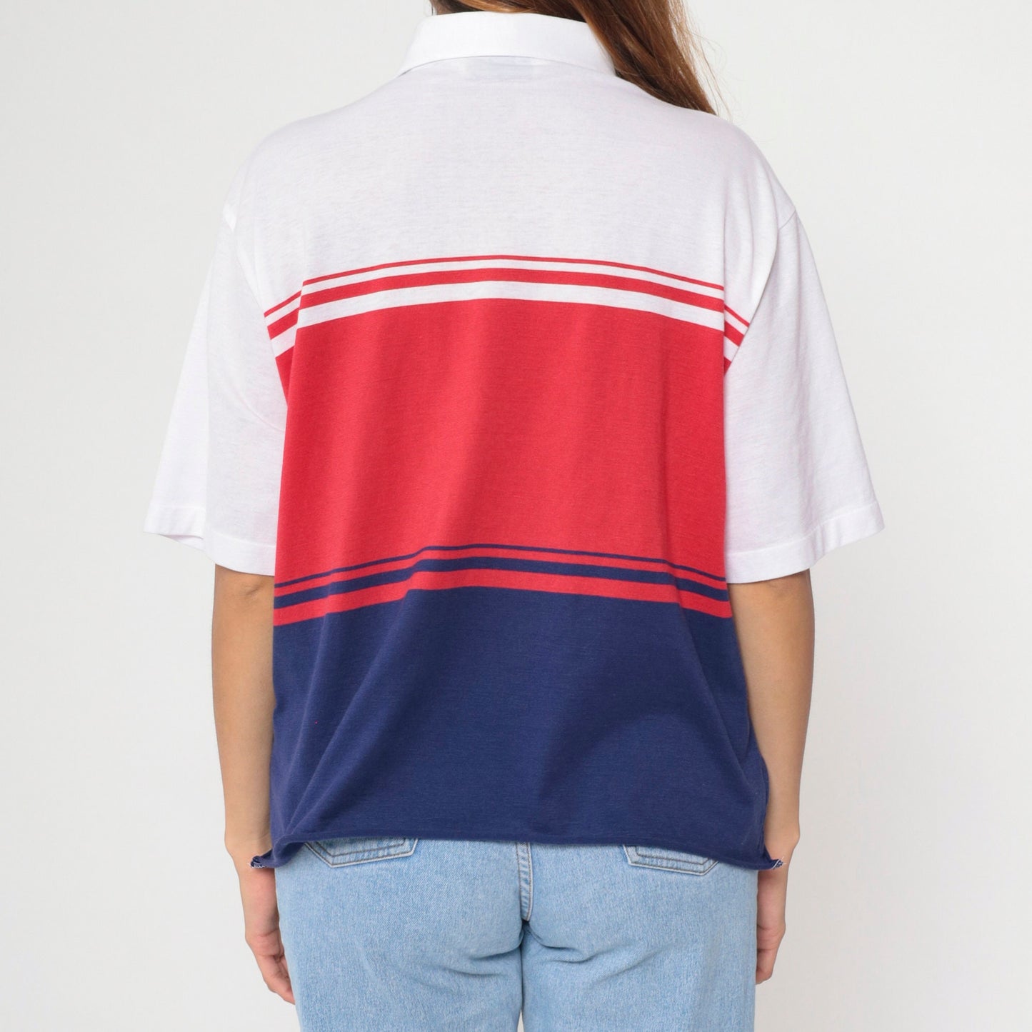 90s Polo Shirt Navy Red White Color Block Short Sleeve Chest Pocket Extra Large XL