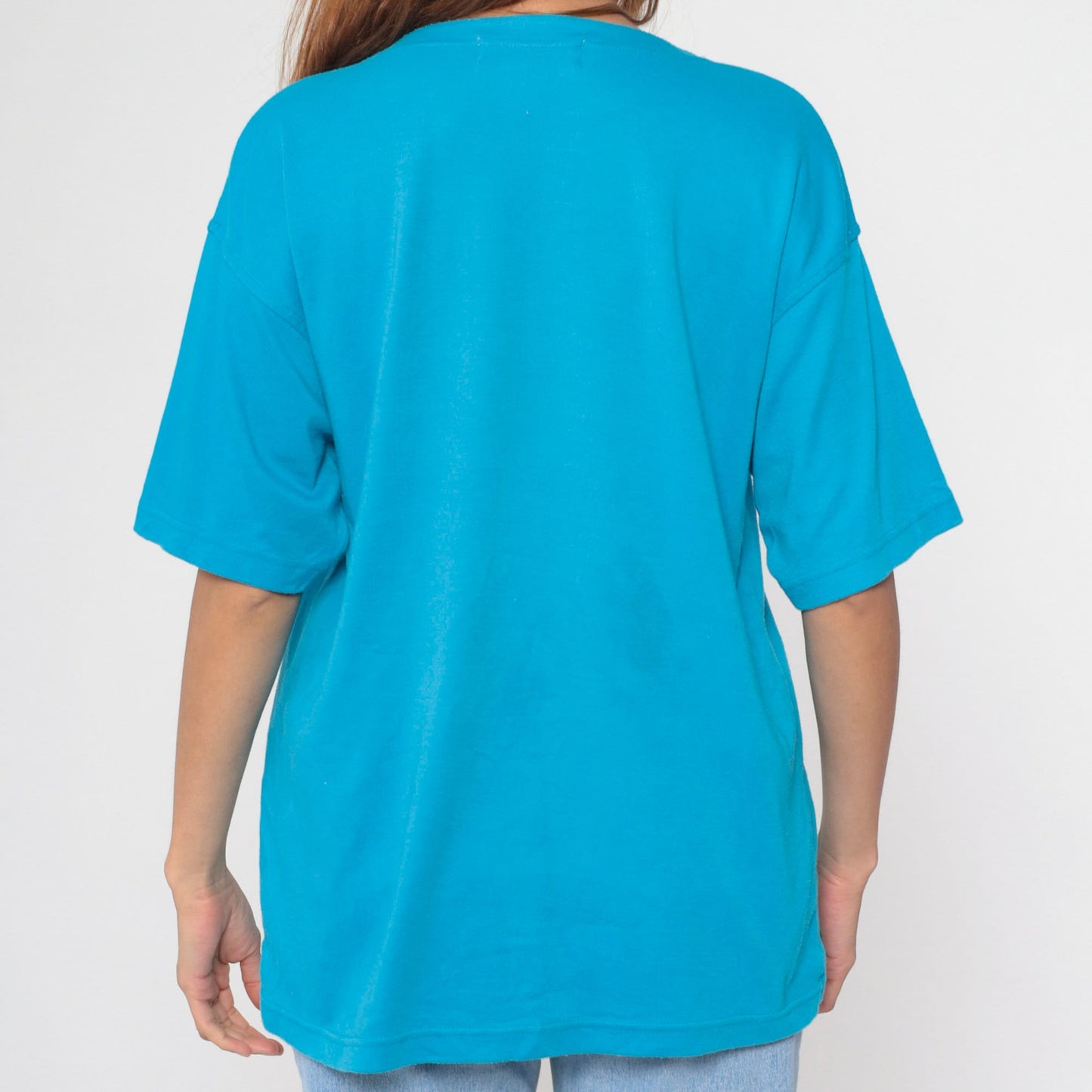 90s Turquoise Floral T-Shirt Sequined Beaded Embroidered Graphic Tee Large