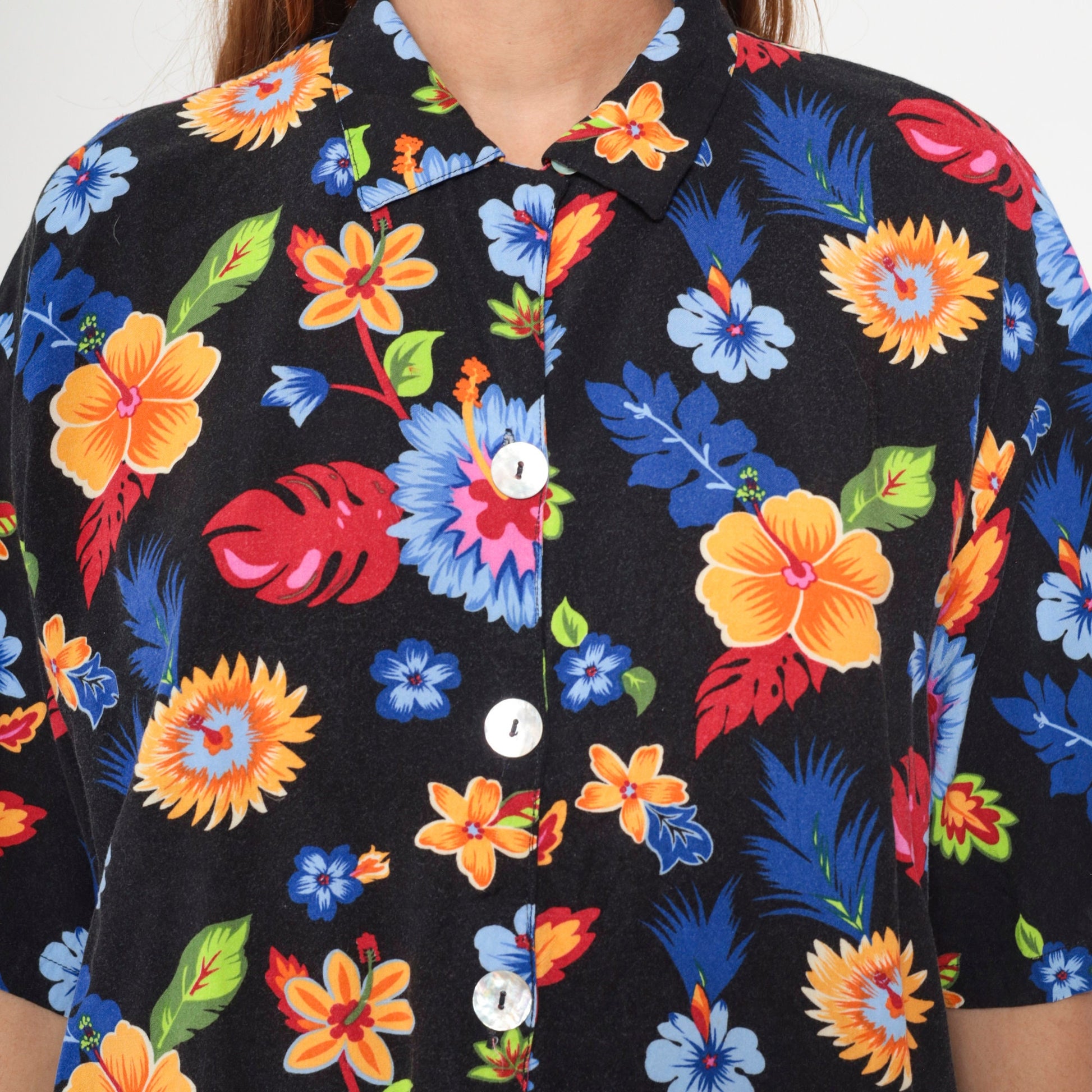 90s Tropical Floral Black Button Up Blouse Short Sleeve Extra Large XXL