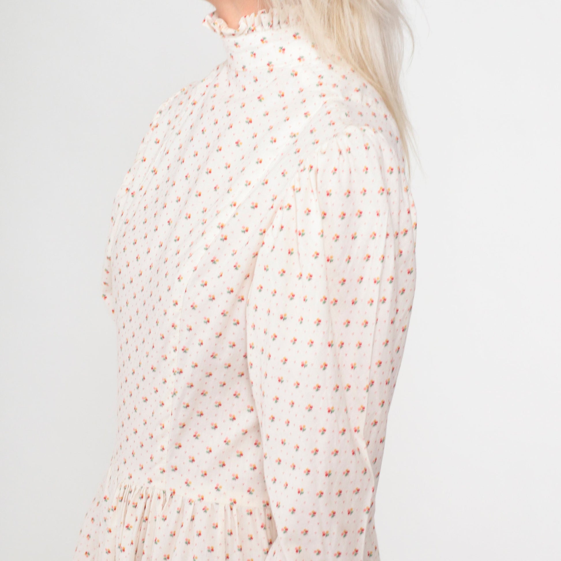 70s White Calico Floral Midi Dress Puff Sleeve High Neck Ruffled Small