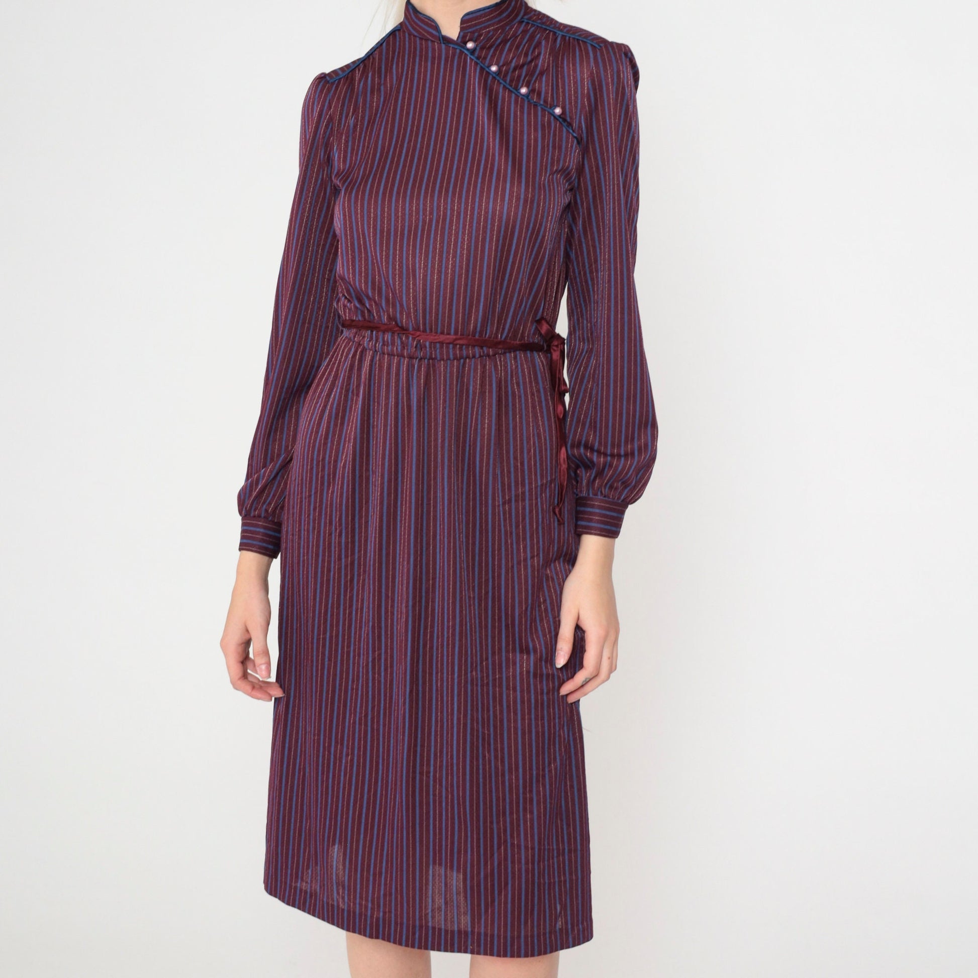 70s Jerri Jee Mandarin Collar Midi Dress Plum Striped Puff Sleeve Extra Small