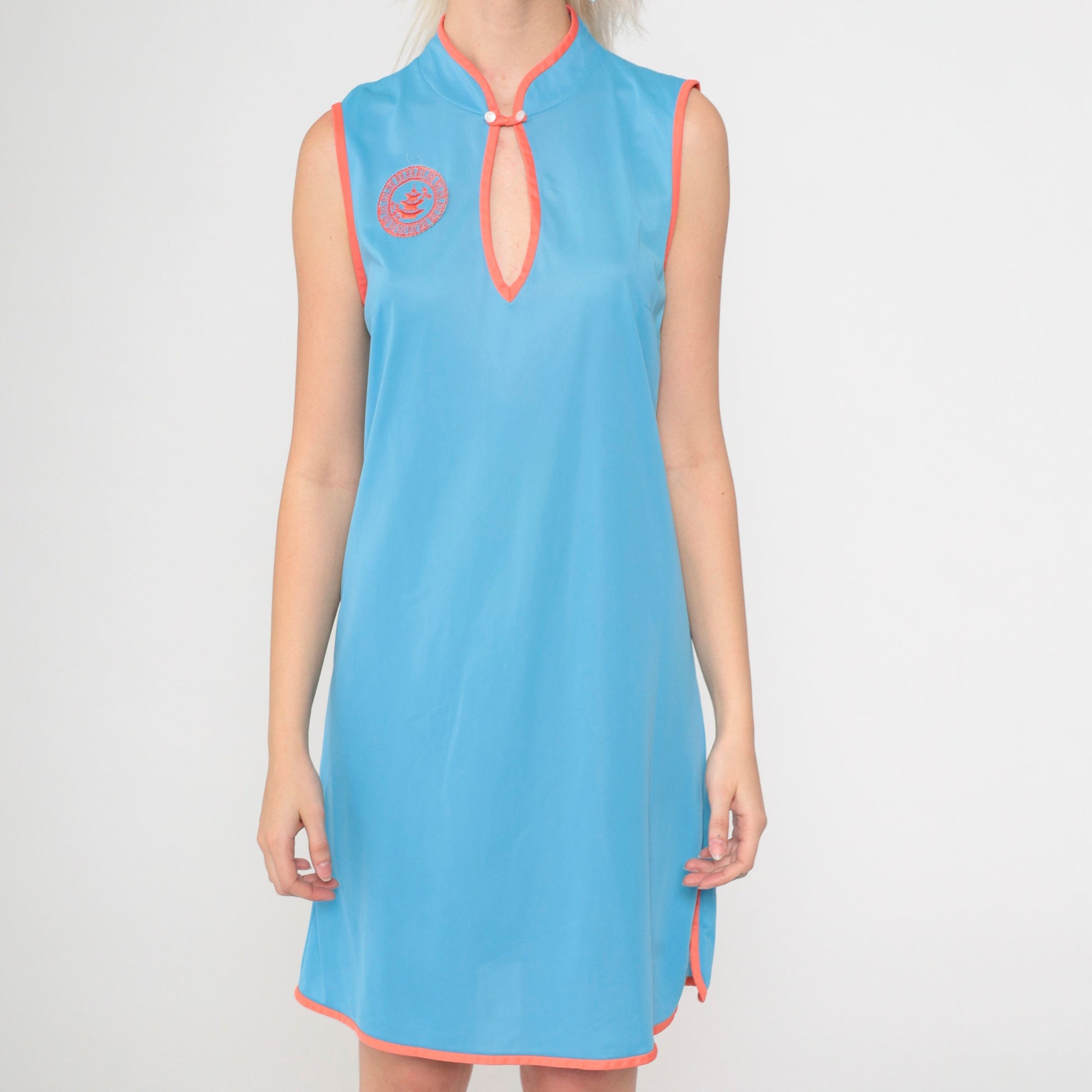 70s Blue Slip Dress Mandarin Collar Keyhole Pagoda Patch Mini Small