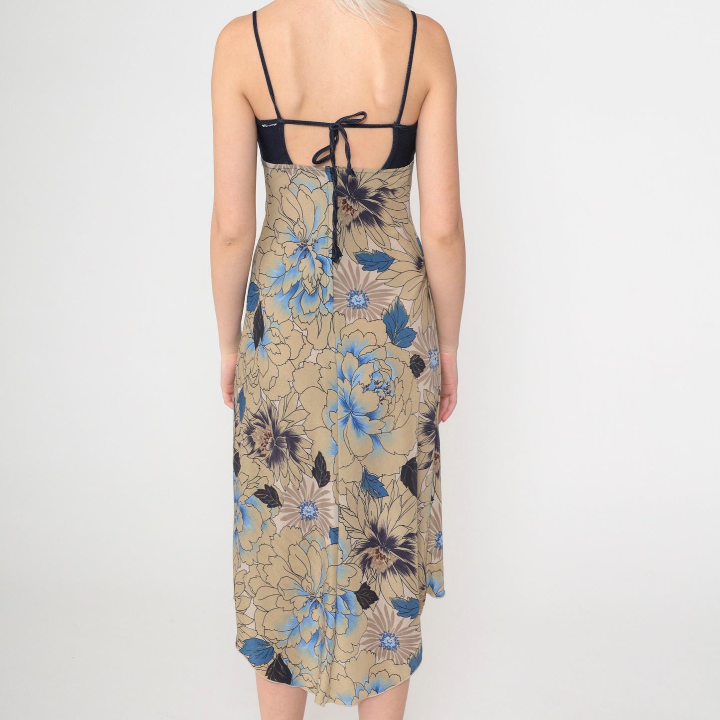 Y2K Dark Blue Denim Floral High-Low Midi Sundress Empire Waist Extra Small