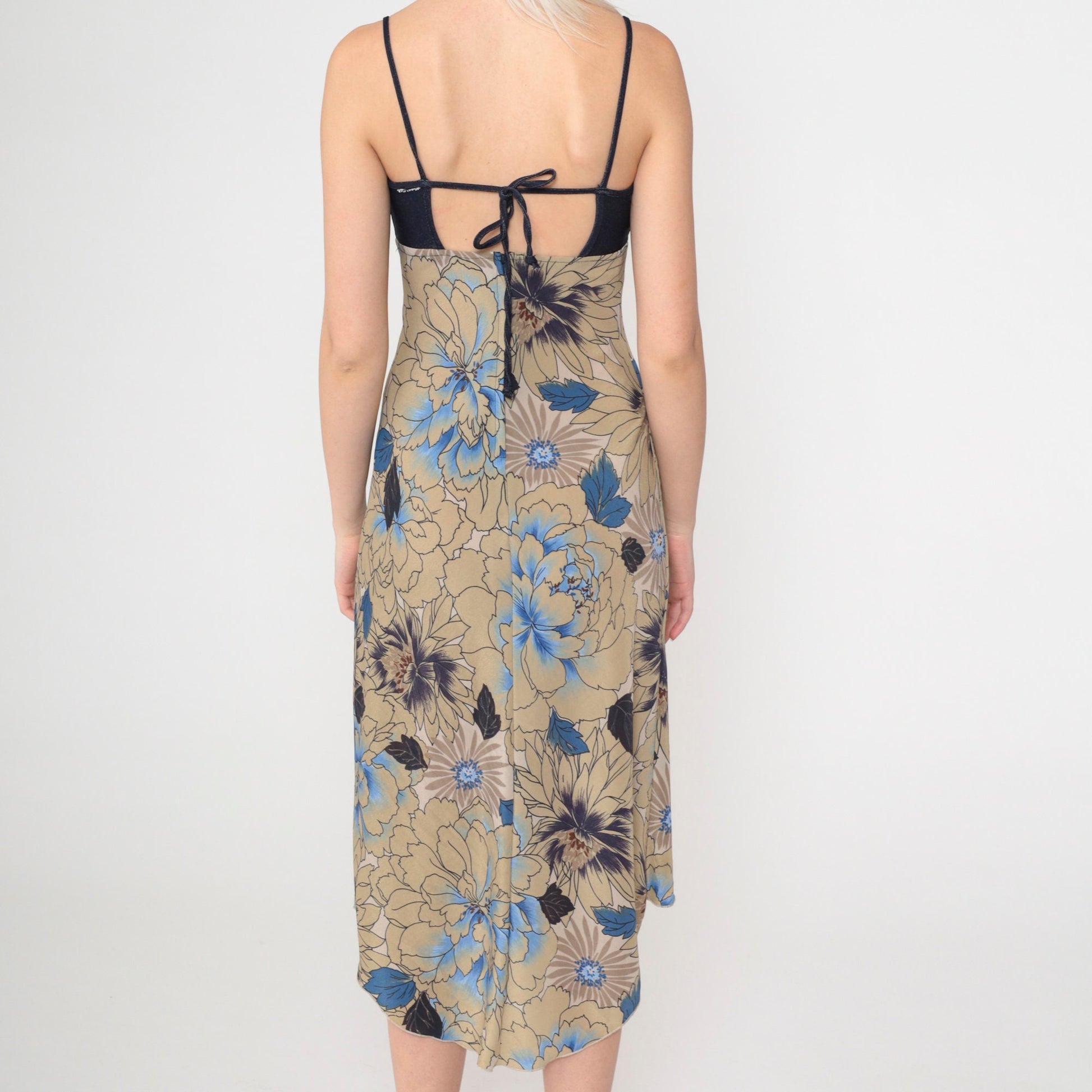 Y2K Dark Blue Denim Floral High-Low Midi Sundress Empire Waist Extra Small