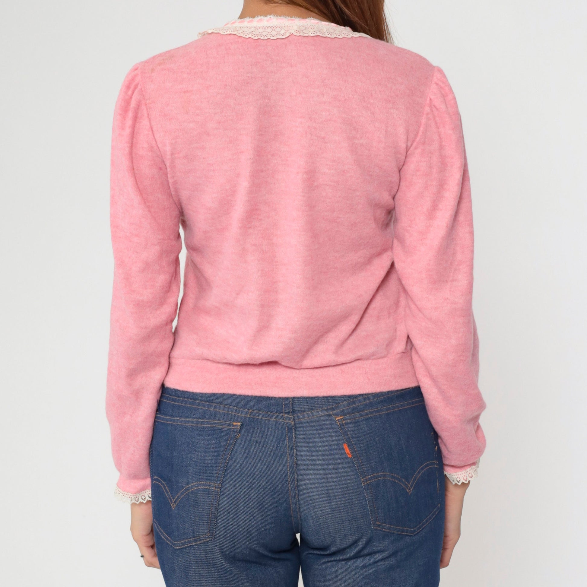80s Pink Lace Trim V-Neck Sweater Top Long Sleeve Knit Blouse Small