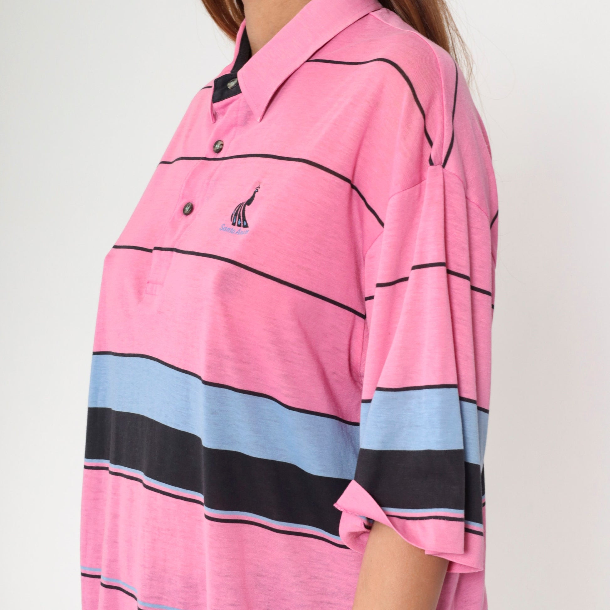 80s Santa Anita Park Peacock Polo Shirt Pink Striped Button Up Extra Large XL