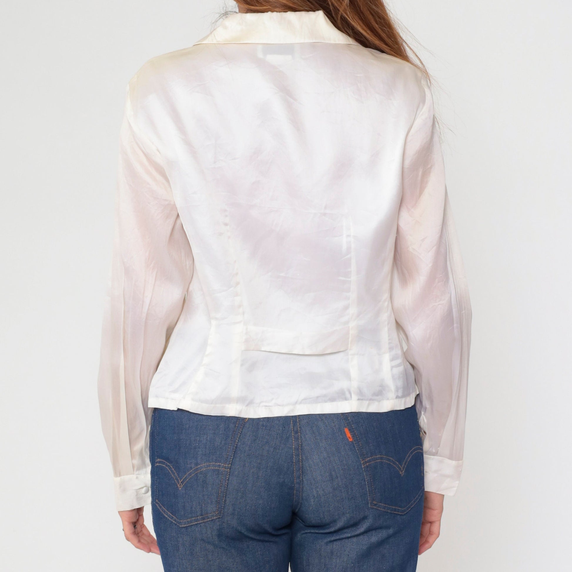 90s Rena Rowan Silk Satin Blouse Floral Embroidered Button Up White Large