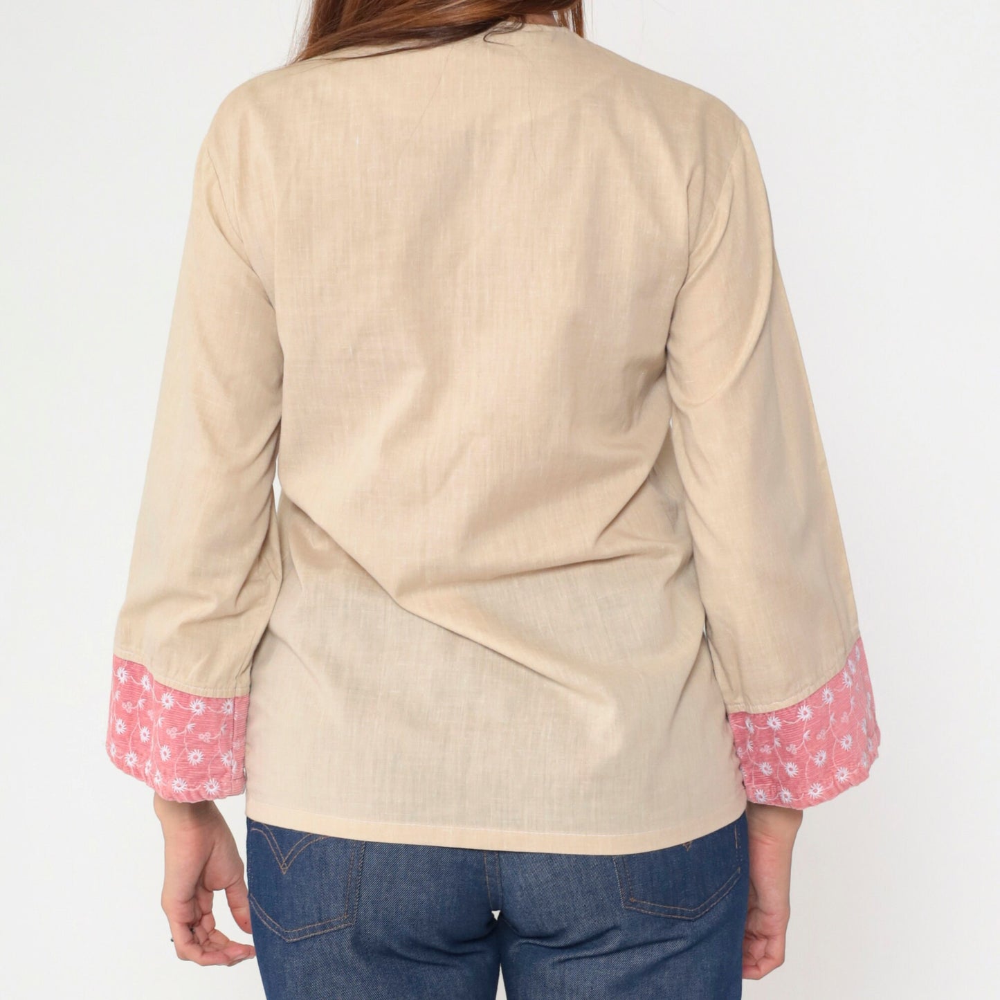 70s Kennington Embroidered Tunic Top Beige Corduroy Floral V-Neck Small