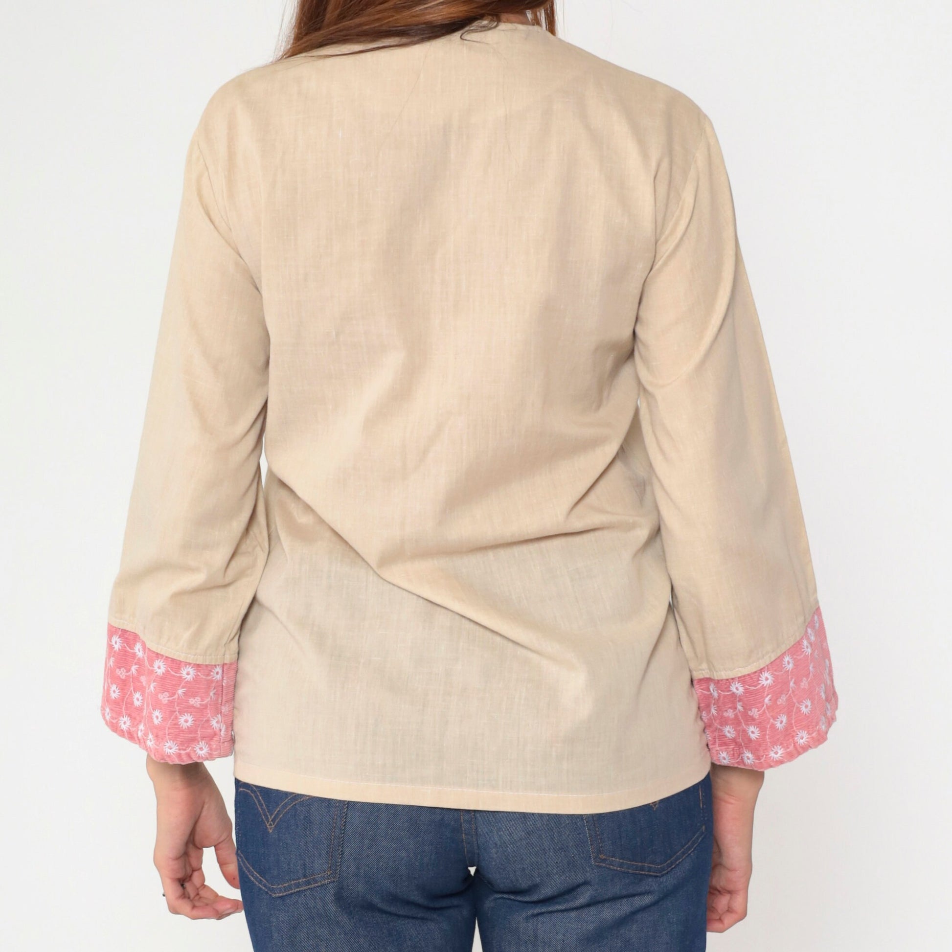 70s Kennington Embroidered Tunic Top Beige Corduroy Floral V-Neck Small