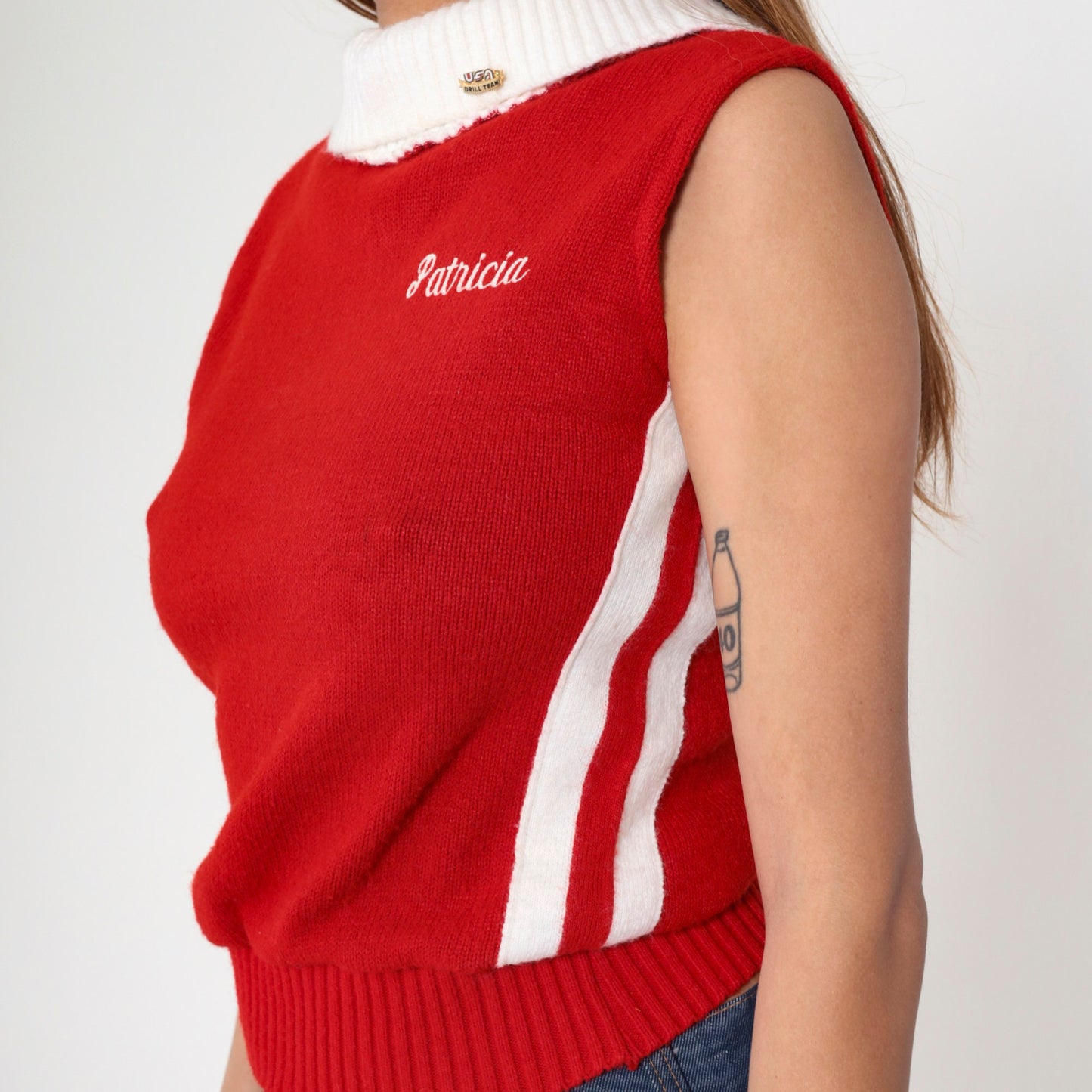 80s USA Drill Team Sweater Red Knit White Stripe Patricia Cheer Top Small