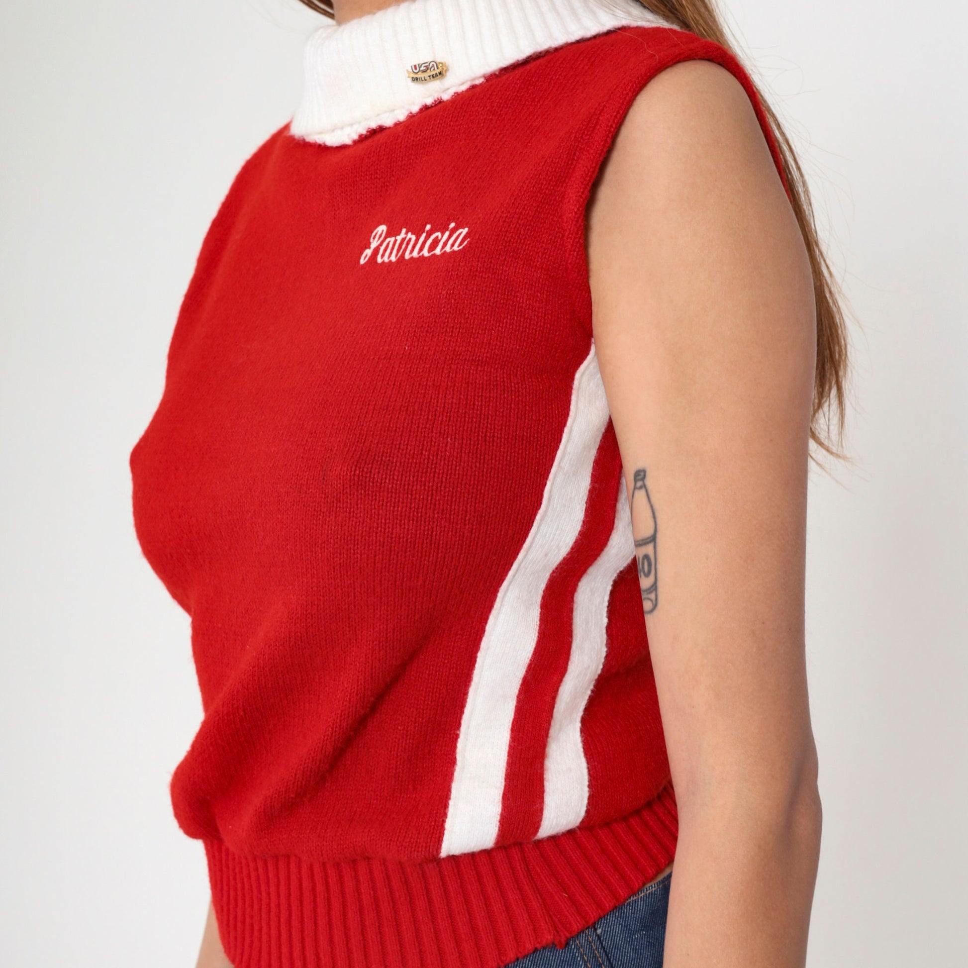 80s USA Drill Team Sweater Red Knit White Stripe Patricia Cheer Top Small
