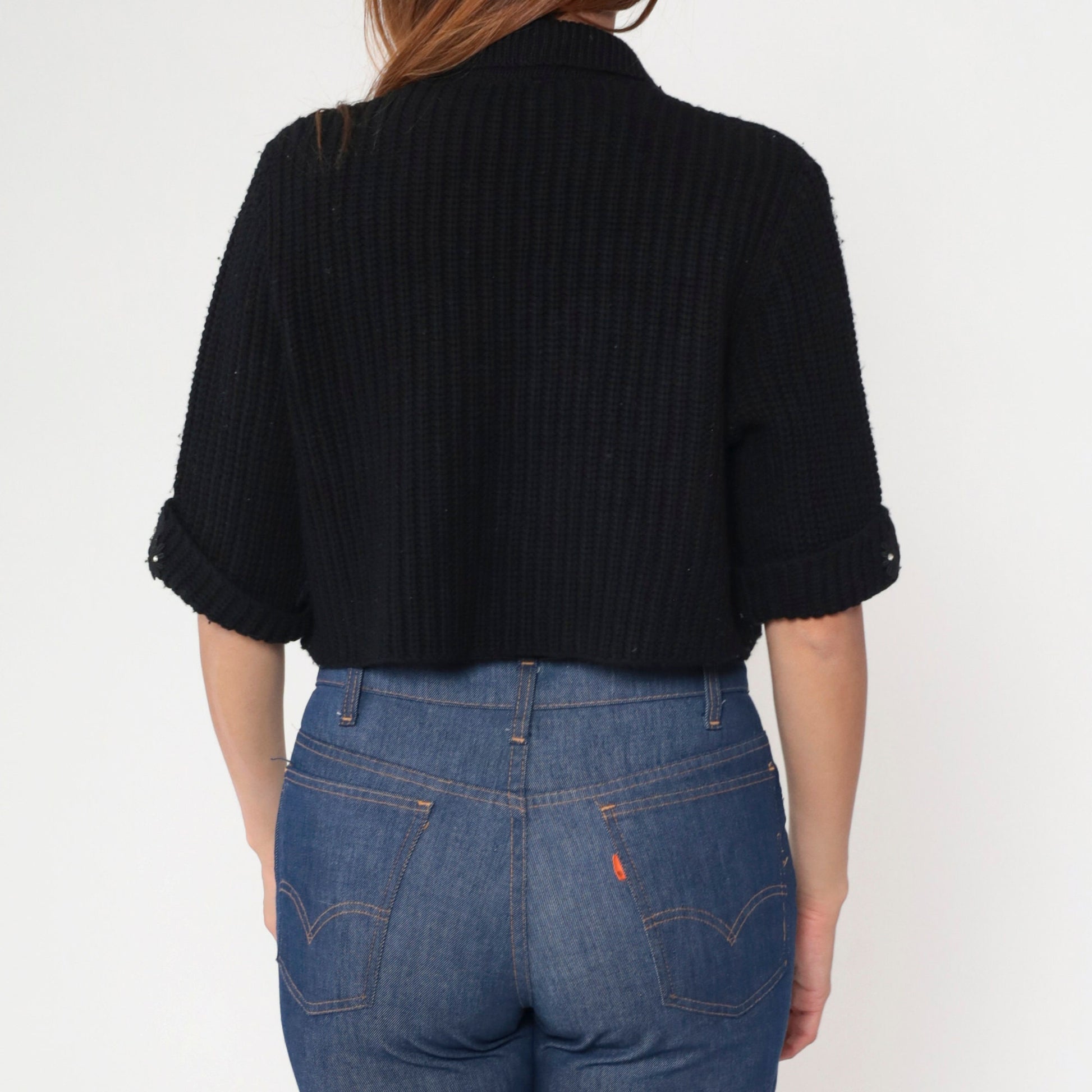 60s Black Rhinestone Lace Cardigan Cropped Ribbed Knit Short Sleeve Medium