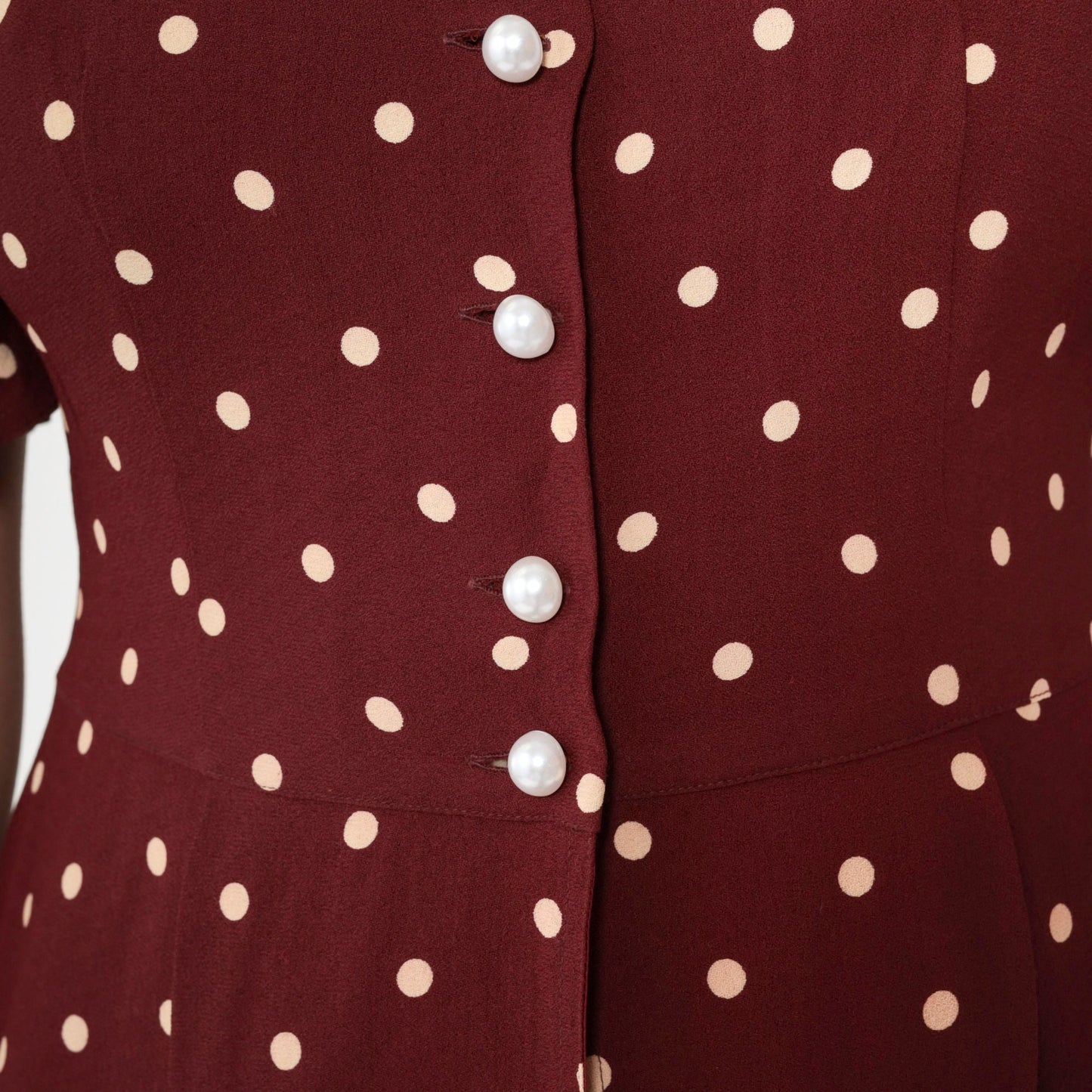 80s Maroon Polka Dot Beaded Floral Button-Up Blouse Puff Sleeve Small S