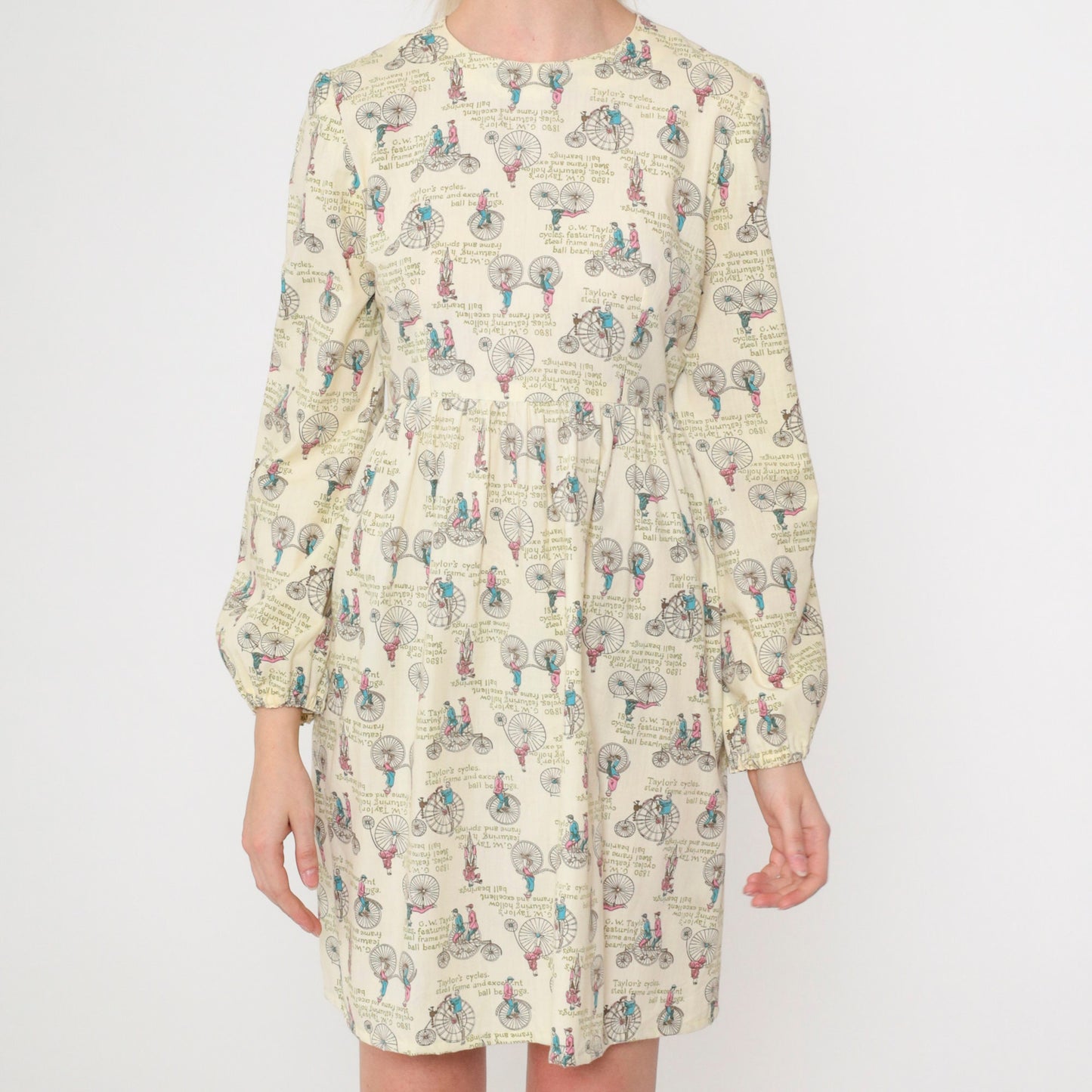 70s Mini Dress Antique Bicycle Print High Waist Long Sleeve Extra Small