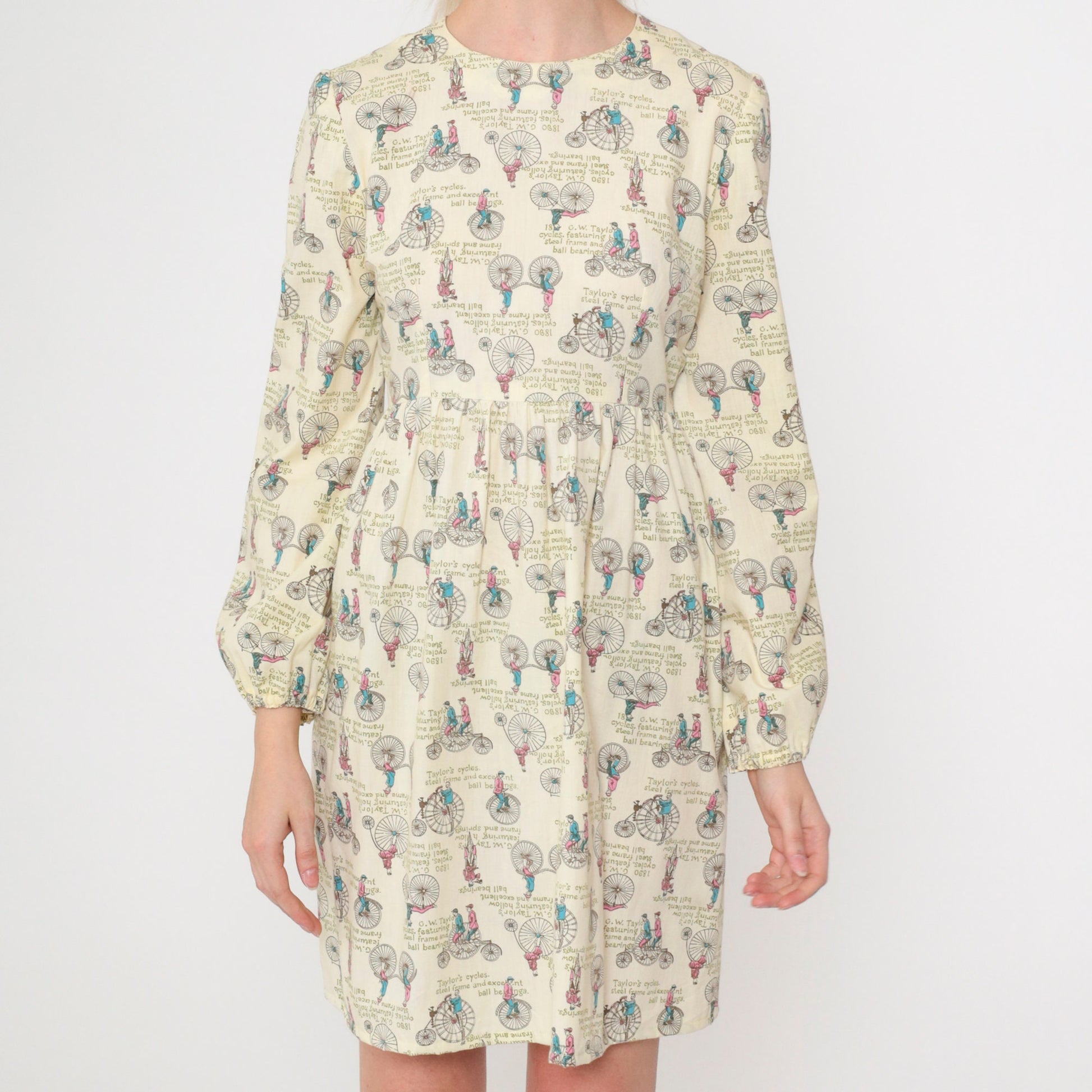 70s Mini Dress Antique Bicycle Print High Waist Long Sleeve Extra Small