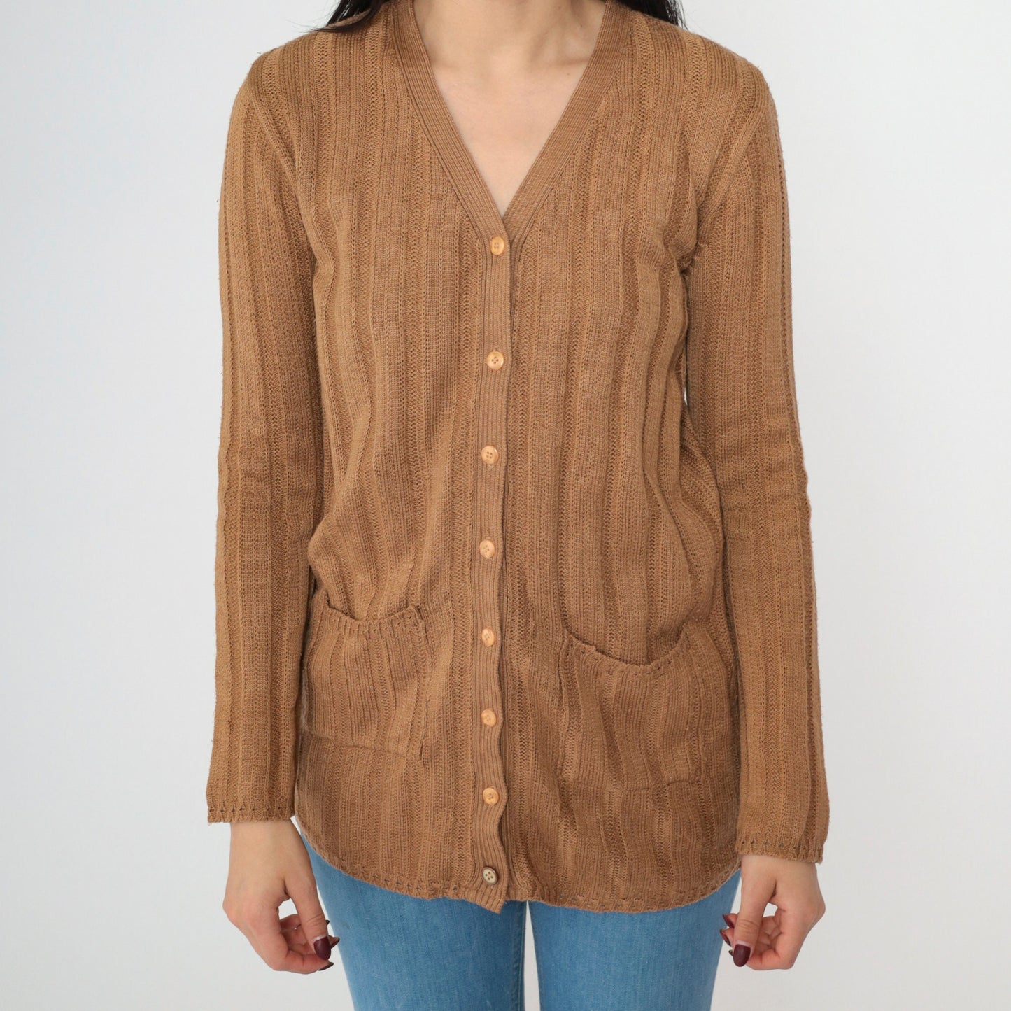 90s Brown Ribbed Cardigan Button-Up Knit Sweater V-Neck Small S