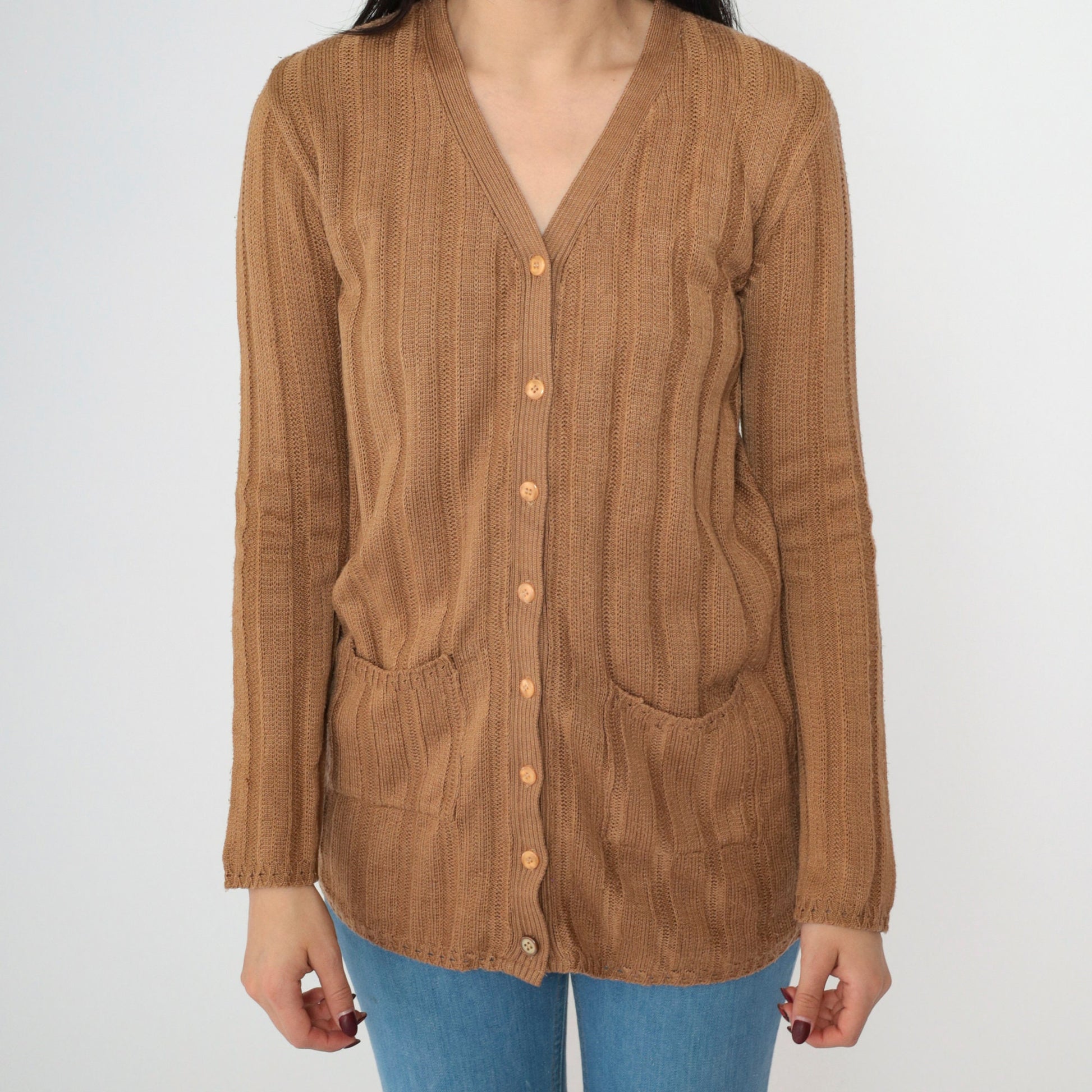 90s Brown Ribbed Cardigan Button-Up Knit Sweater V-Neck Small S