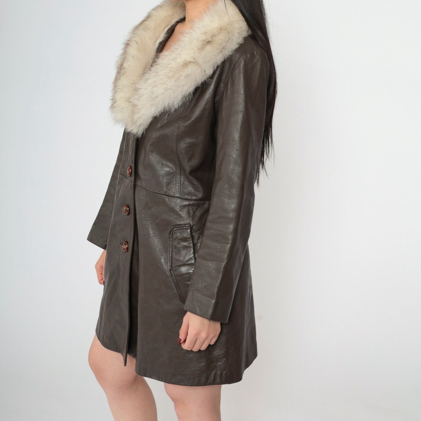 70s Brown Leather Jacket Fur Collar Button-Up Tailored Small S