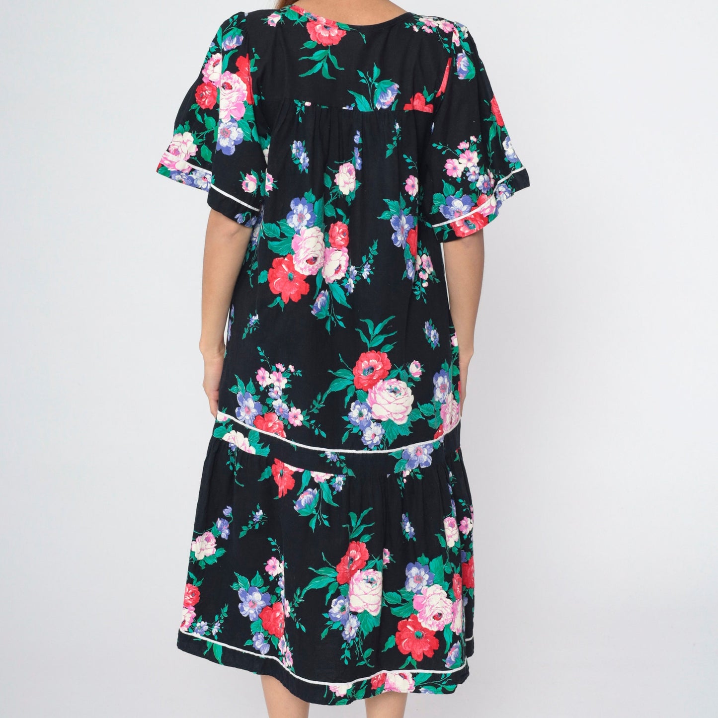 90s Black Floral Midi Dress Puff Sleeve Tent Cut Square Neckline Medium