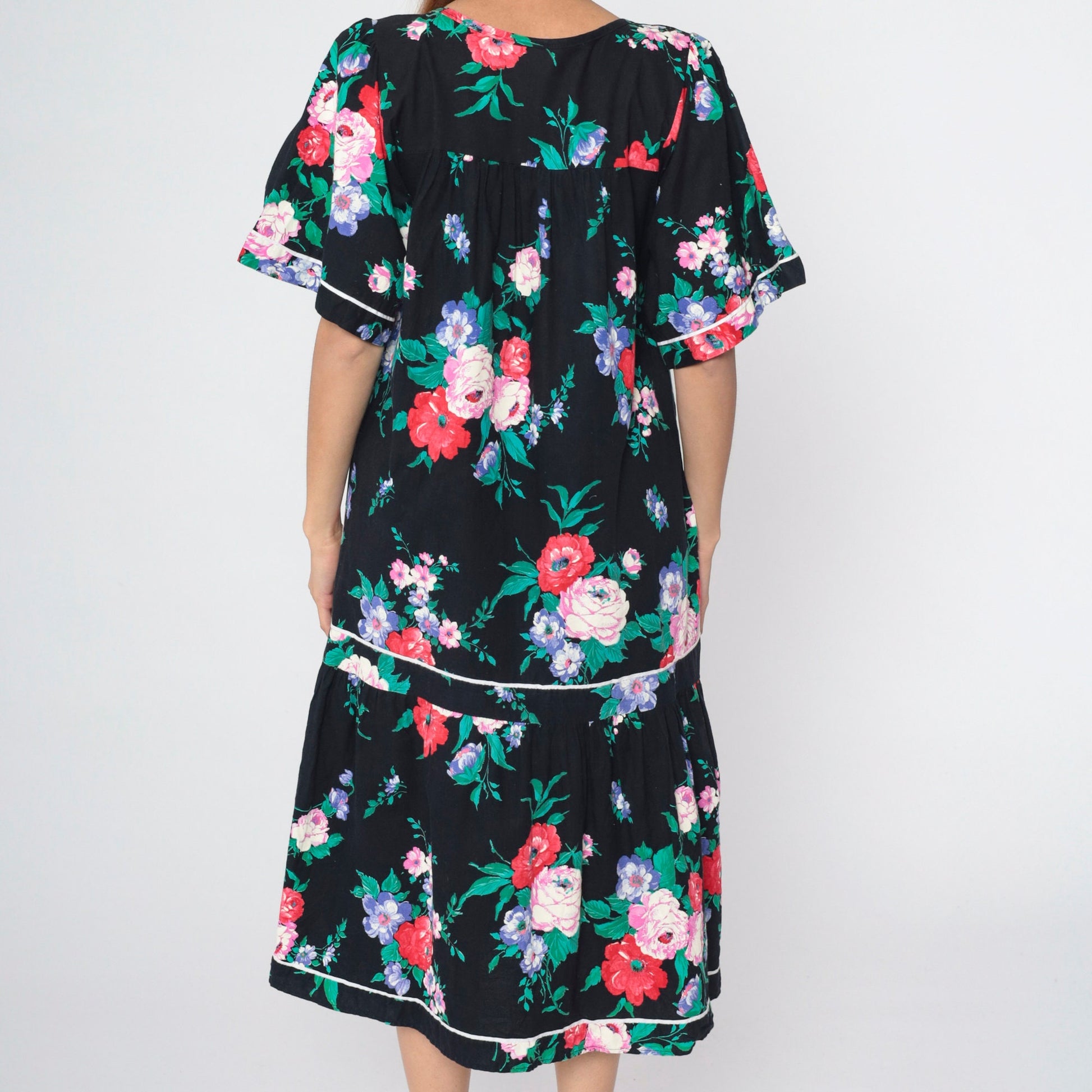 90s Black Floral Midi Dress Puff Sleeve Tent Cut Square Neckline Medium