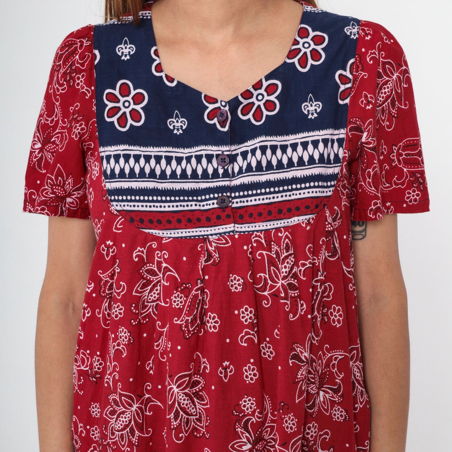 90s Red Floral Handkerchief Print Cotton Midi Dress Puff Sleeve Small