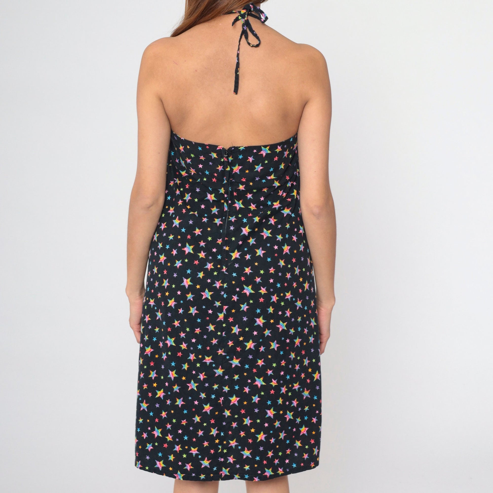 Y2K Black Rainbow Star Print Halter Midi Dress Empire Waist Sleeveless Medium