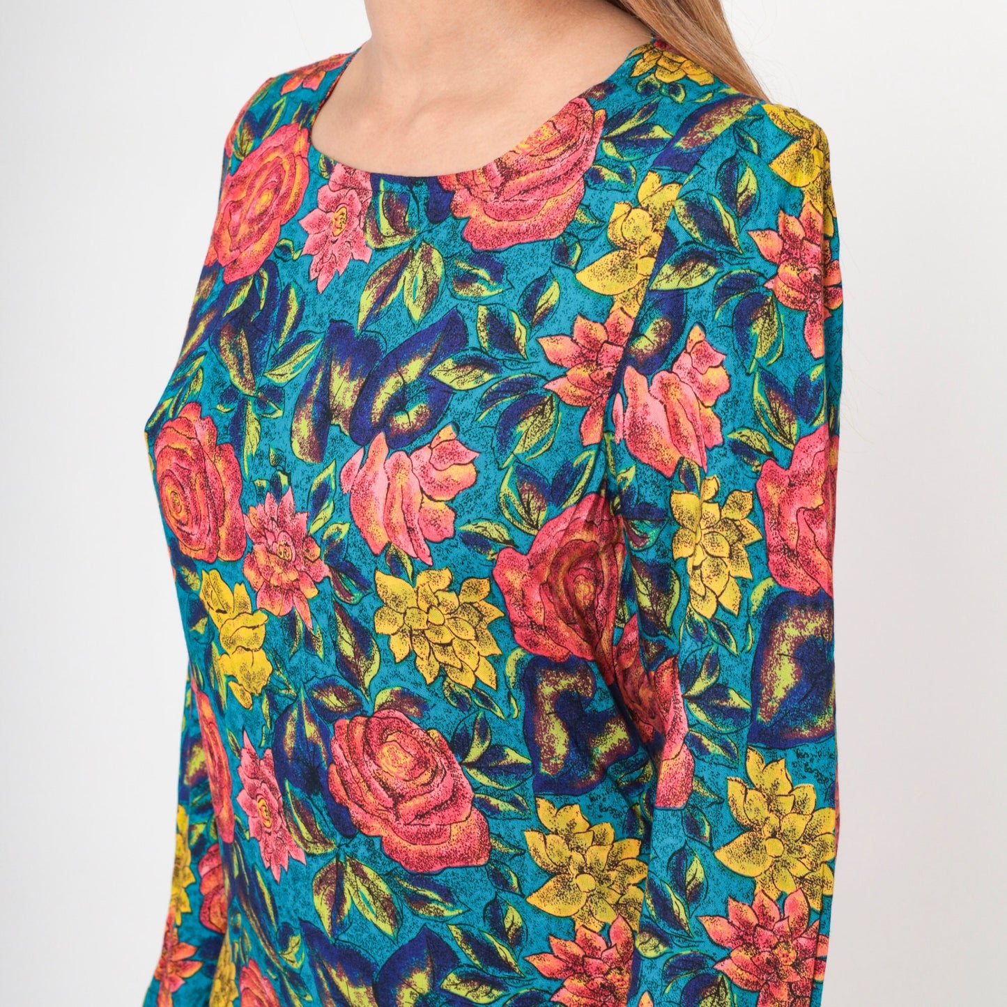 80s Floral Rose Print Midi Dress Puff Sleeve Sheath Pink Blue Small