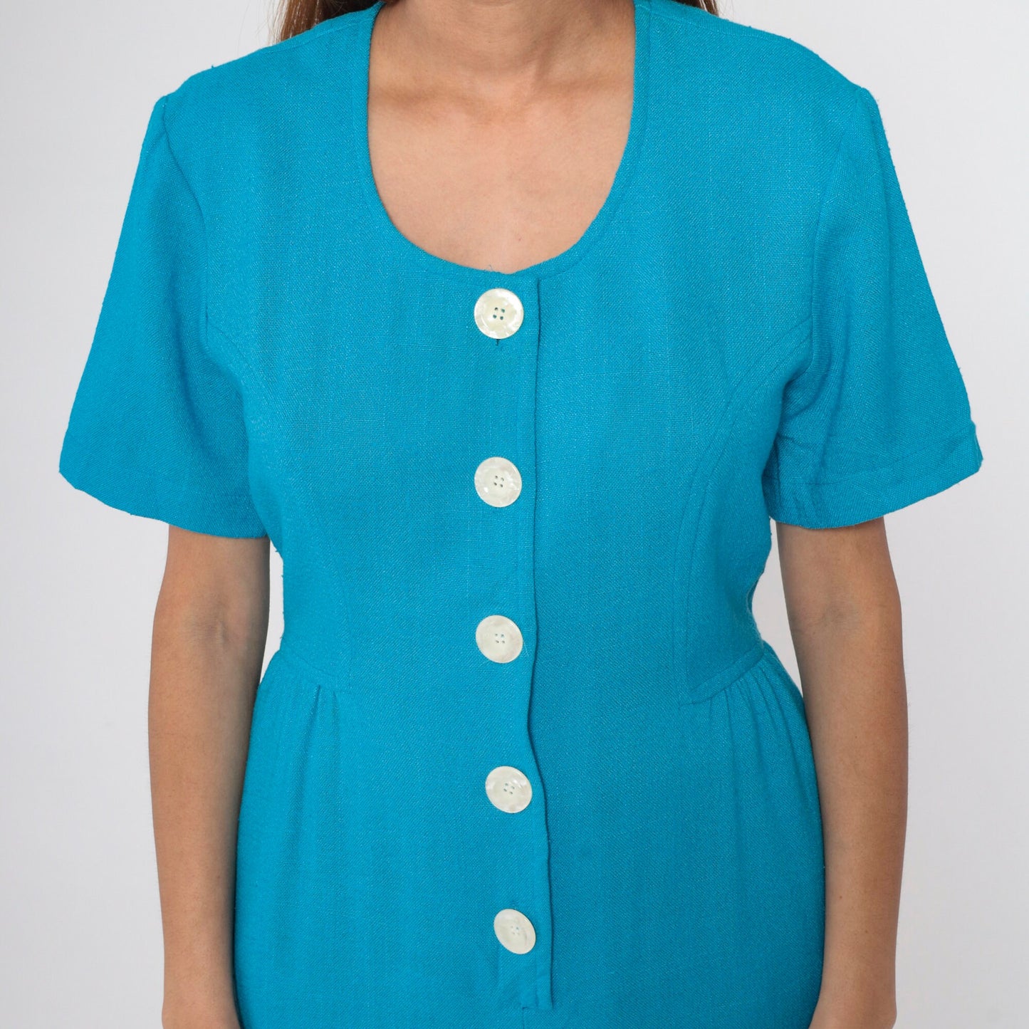 80s Bright Blue Button-Up Midi Sheath Dress Short Sleeve Pencil Skirt Medium 8