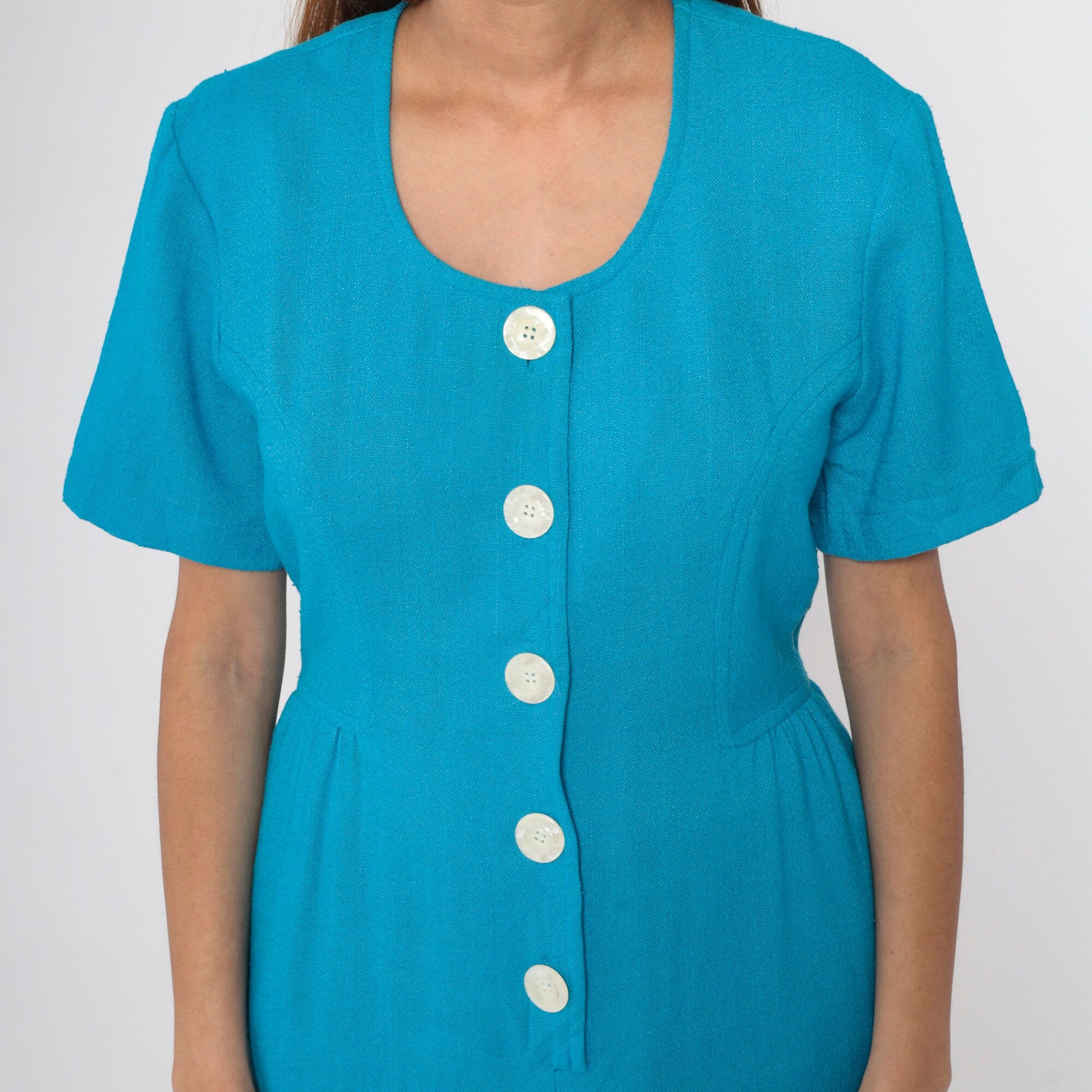 80s Bright Blue Button-Up Midi Sheath Dress Short Sleeve Pencil Skirt Medium 8