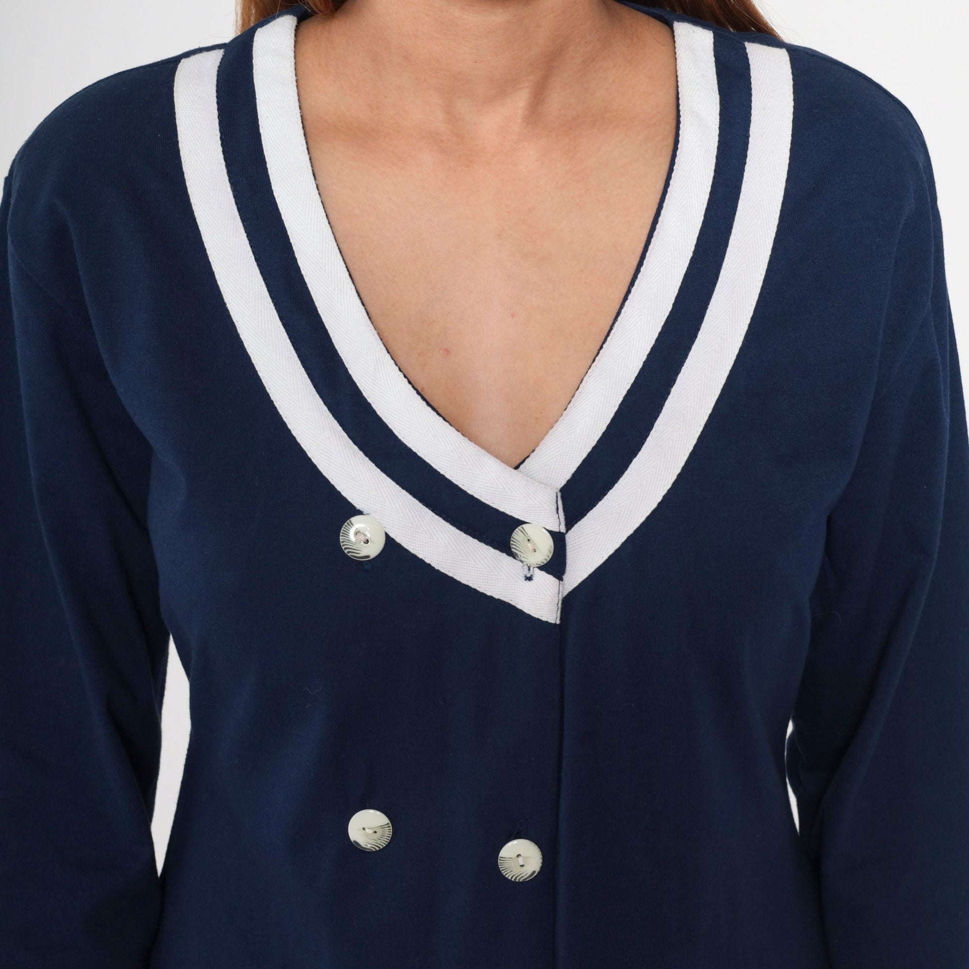 90s Navy Double Breasted Shirtdress White Striped Mini Long Sleeve Medium