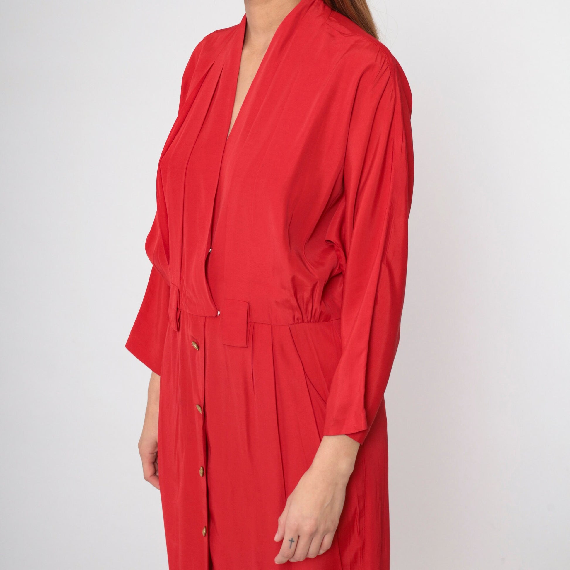 90s Red Button-Up Midi Dress Dolman Sleeve High Waist Faux Wrap Small 6