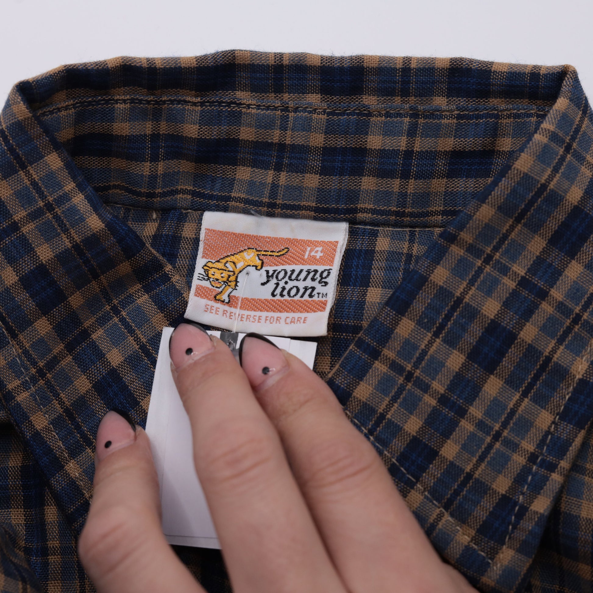 90s Blue Tan Plaid Button-Up Shirt Long Sleeve Chest Pocket Extra Small