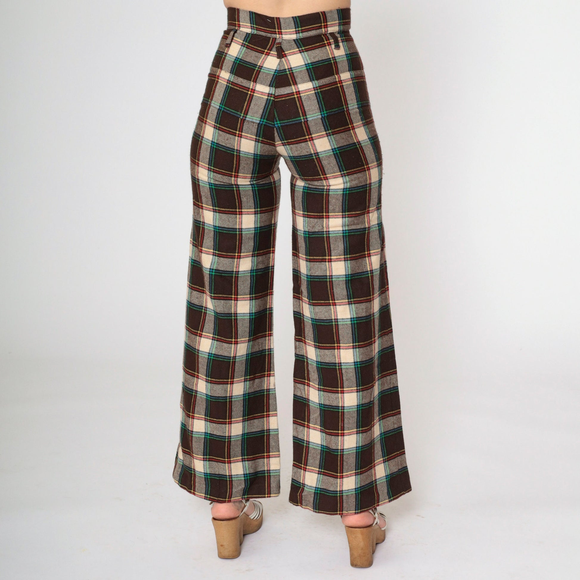 70s Dark Brown Plaid Flared Trousers High Waisted Bell Bottoms Extra Small