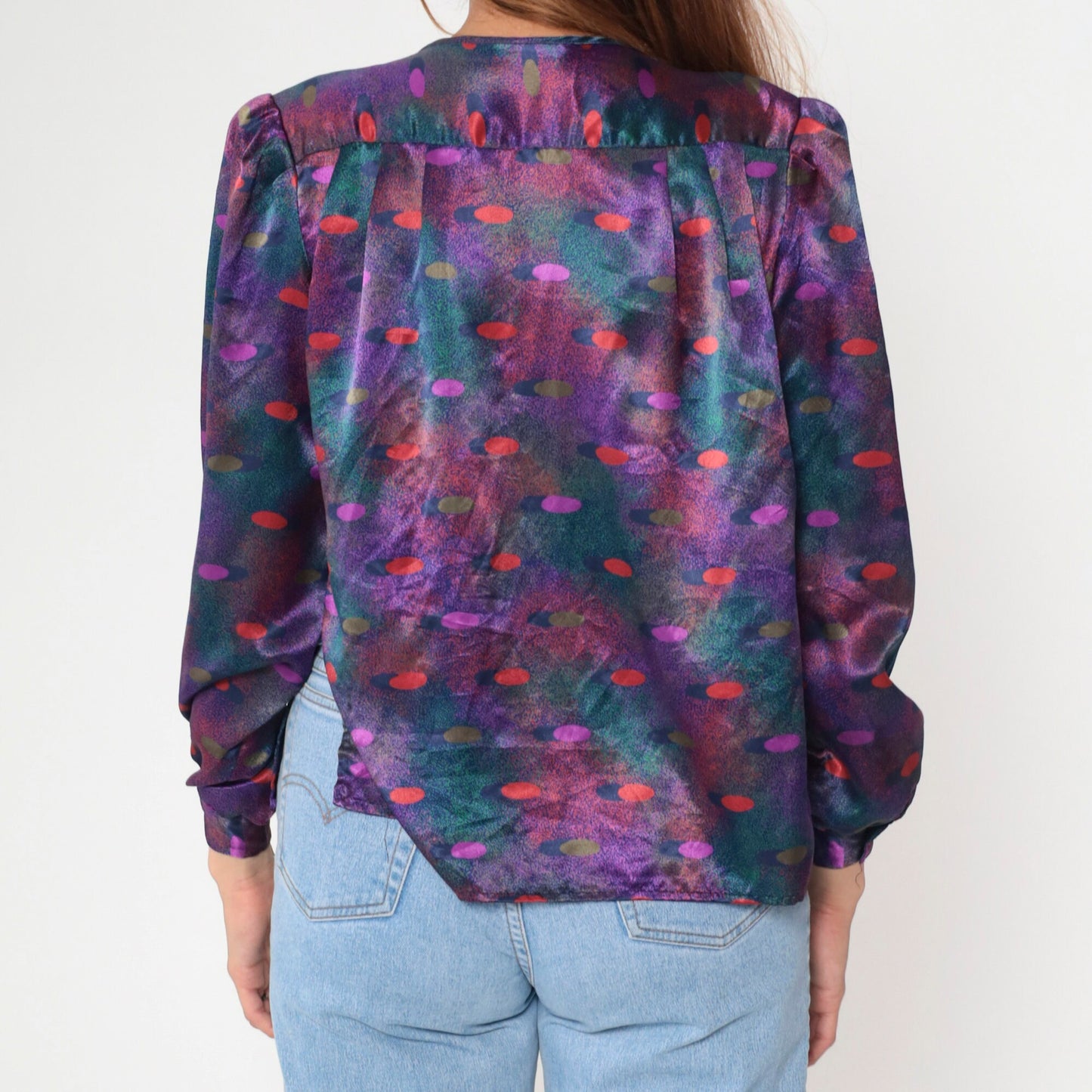 80s Polka Dot Puff Sleeve Button-Up Blouse Multicolor Polyester Small